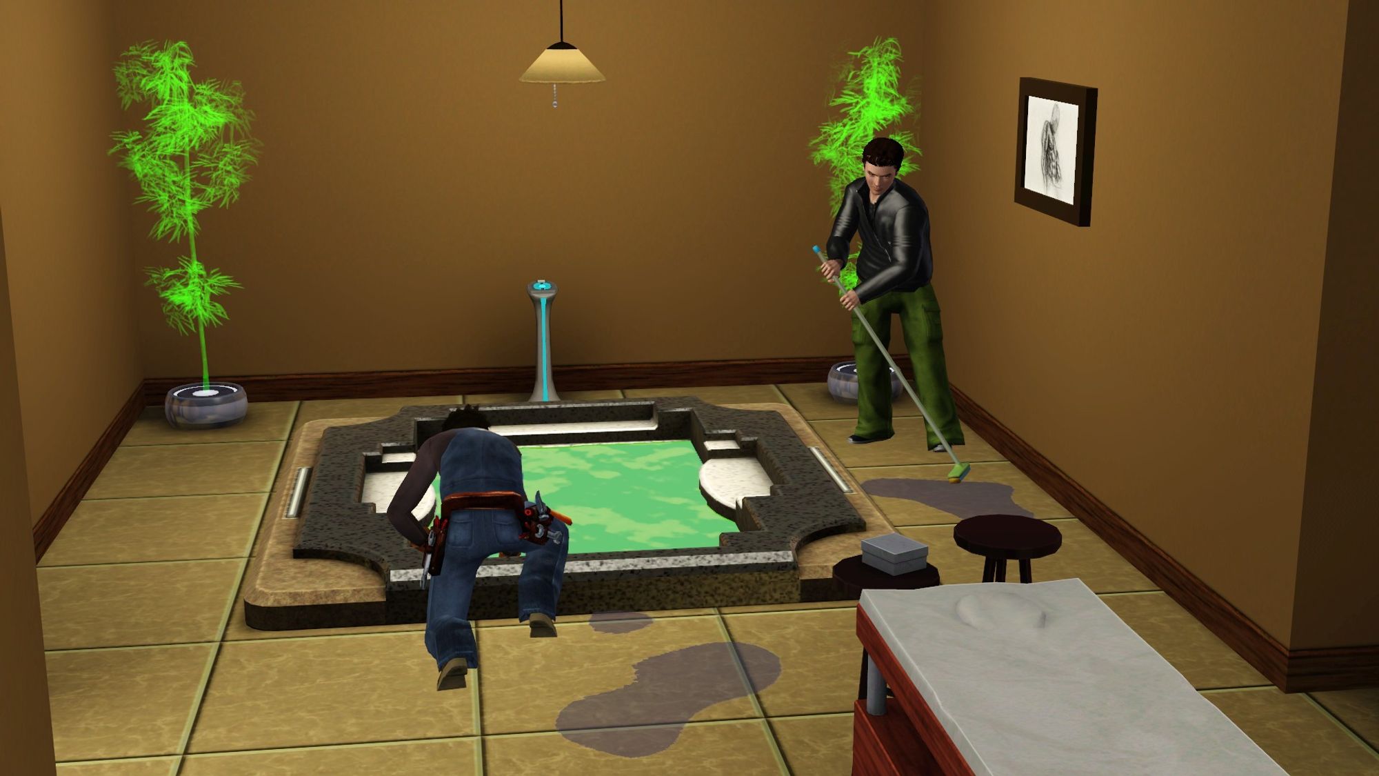 Claude mopping the floor, annoyed that he couldn't fix the hot tub himself and had to call handyman to fix it.