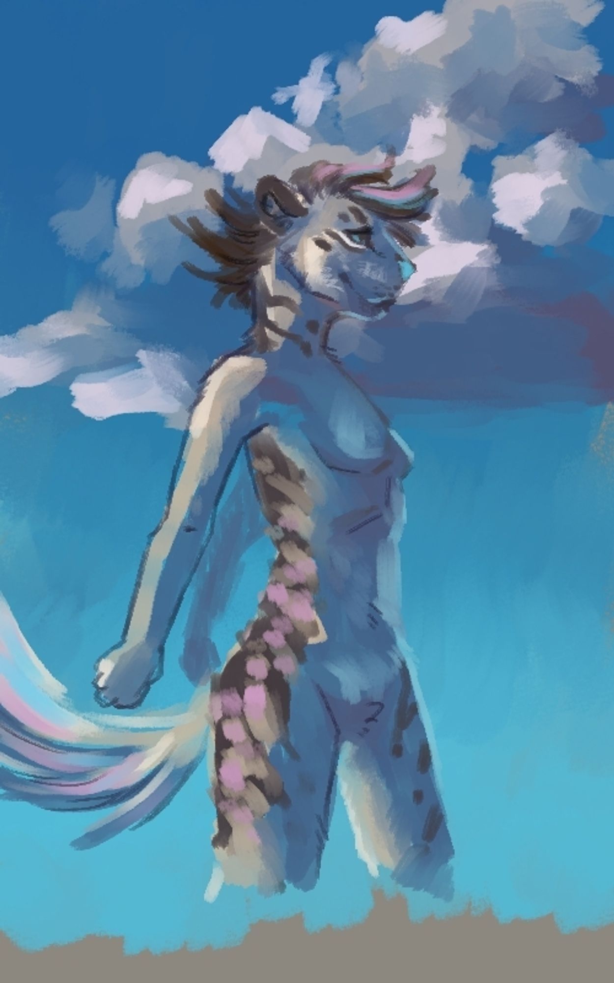 paint sketch of a felid character against a sky background