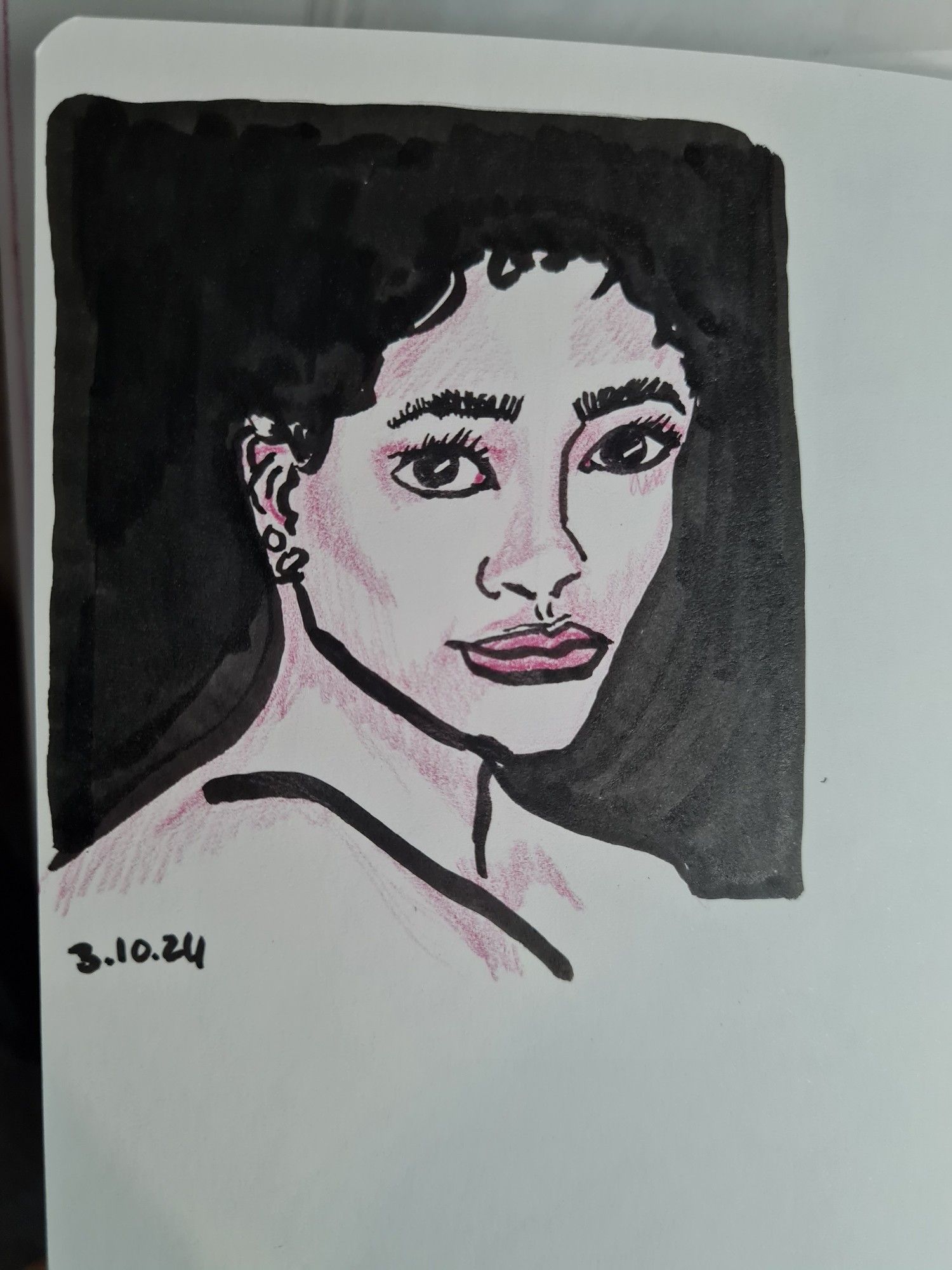 A drawing in black brushpen of a young probably latina woman starting towards the viewer, her dark hair merging with a black background.