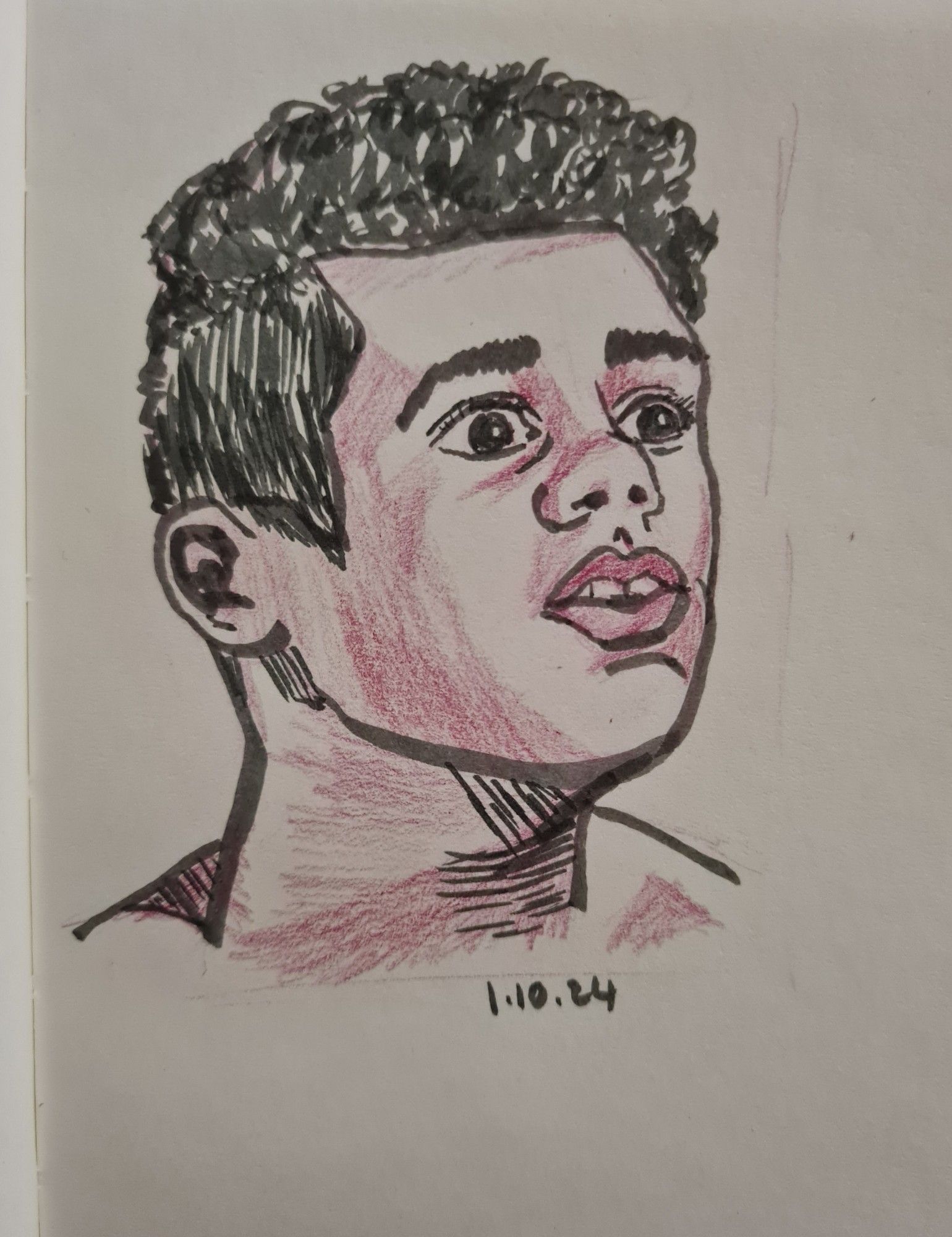 A head of a black man drawn in brush pen, slightly cartoonish in style, with shadows added in a red pencil. The model is looking to the right, eyes widened and mouth slightly open in a surprised or perhaps fearful expression.