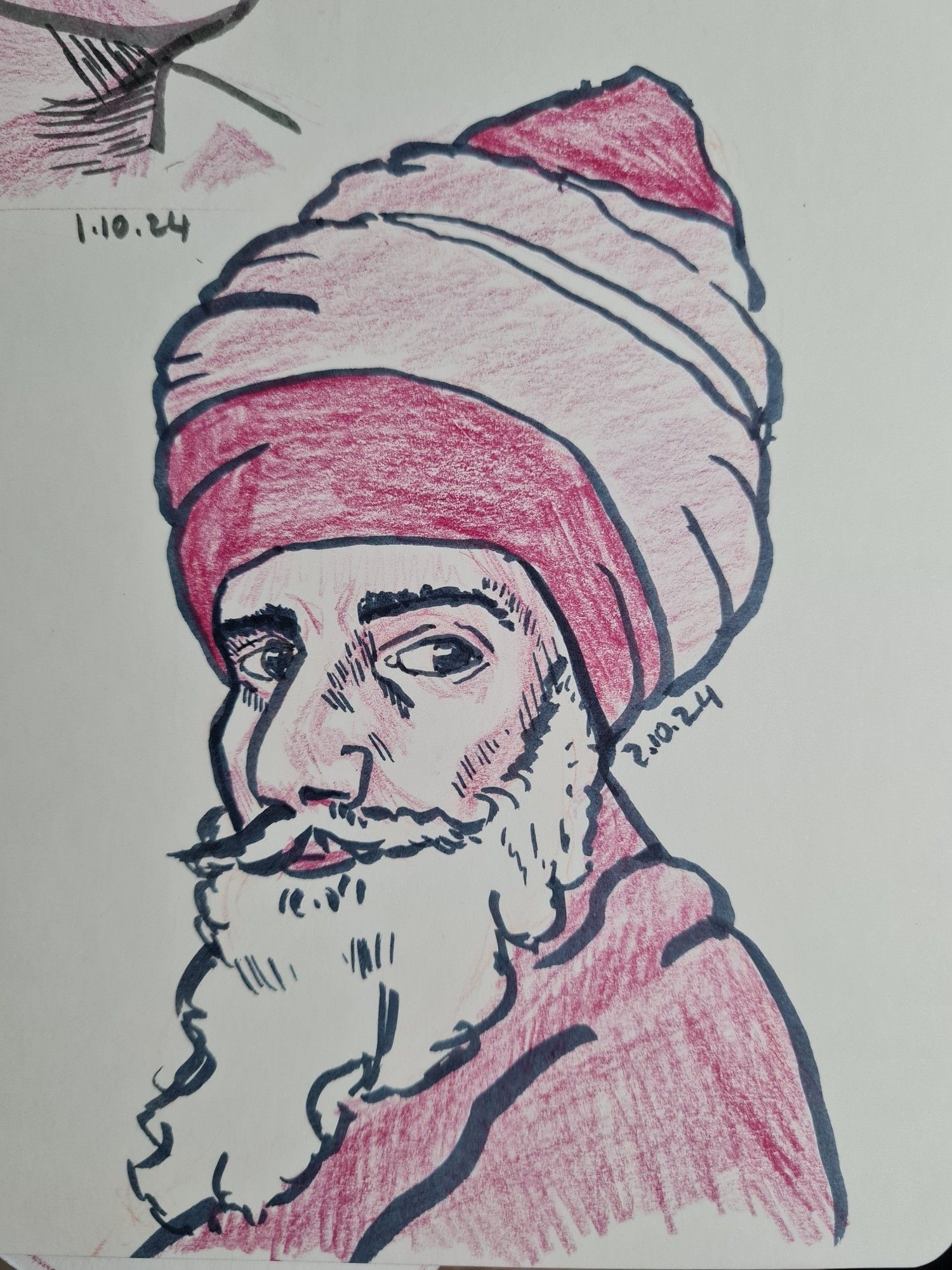 A drawing of a man with an impressive beard and turban, in a dark grey brush pen and shaded with a red coloured pencil.