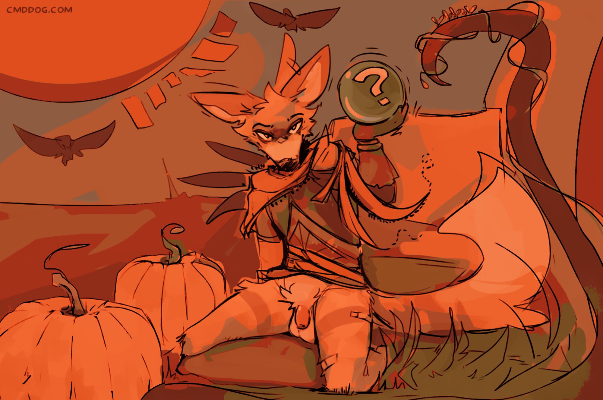 Anthro coyote Cantio holding an orb and sitting by some pumpkins in an abstract area #furry #furryart #nsfw