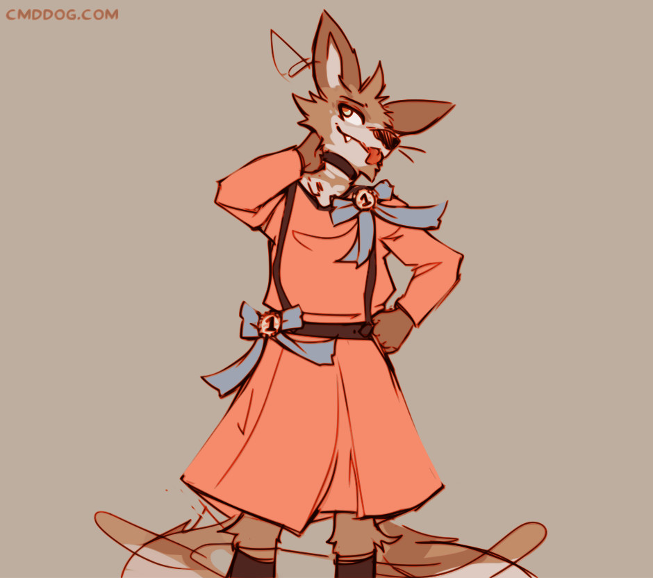 Cantio the anthro coyote wearing a dress and rubbing his neck with his hand while his tail wags. He has two 1st place ribbons attached to his dress.