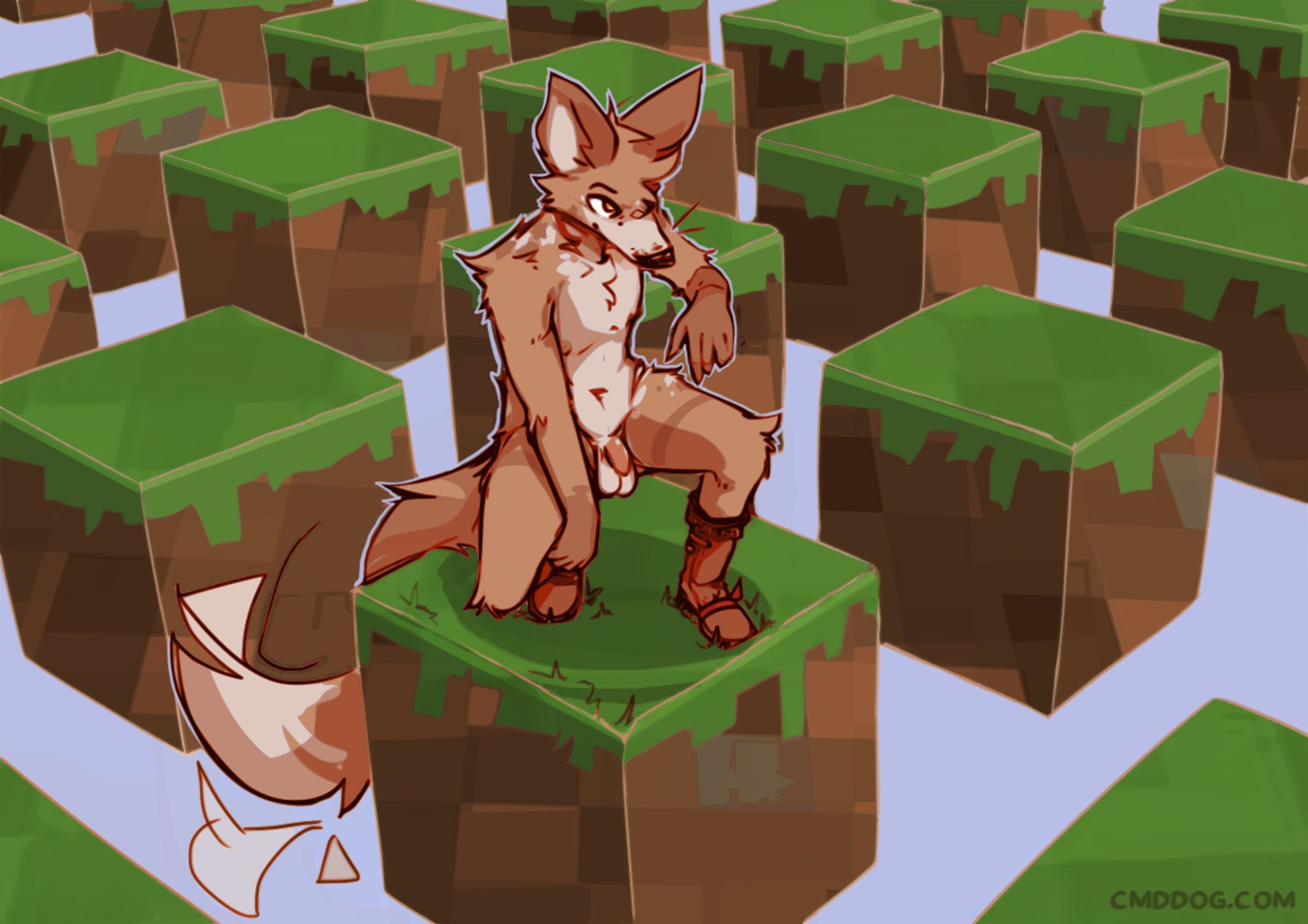 Anthro coyote Cantio is nude except for a pair of boots, and is crouching on a block in a Minecraft world of grass blocks separated by 1 block jumps. #furry #furryart #nsfw