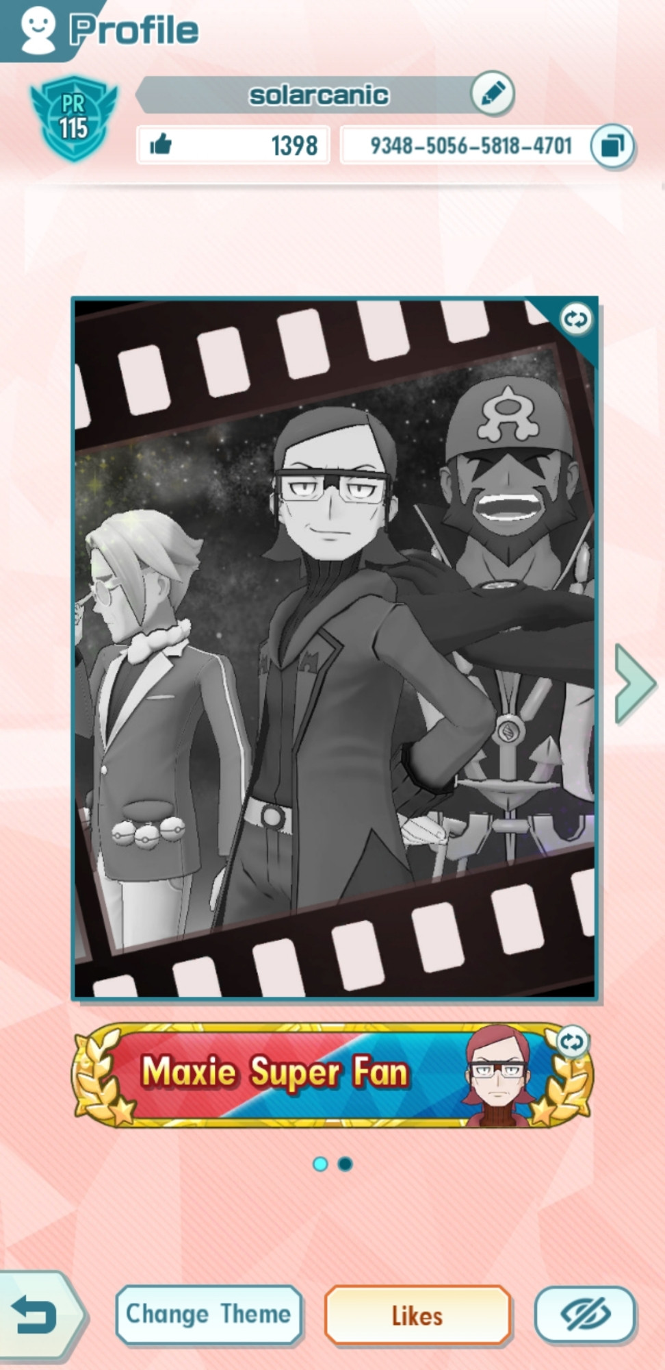 A screenshot of the game Pokémon Masters EX. It's of my profile! The photo of the profile includes Clavell, Maxie, and Archie. The title reads, Maxie Super Fan.