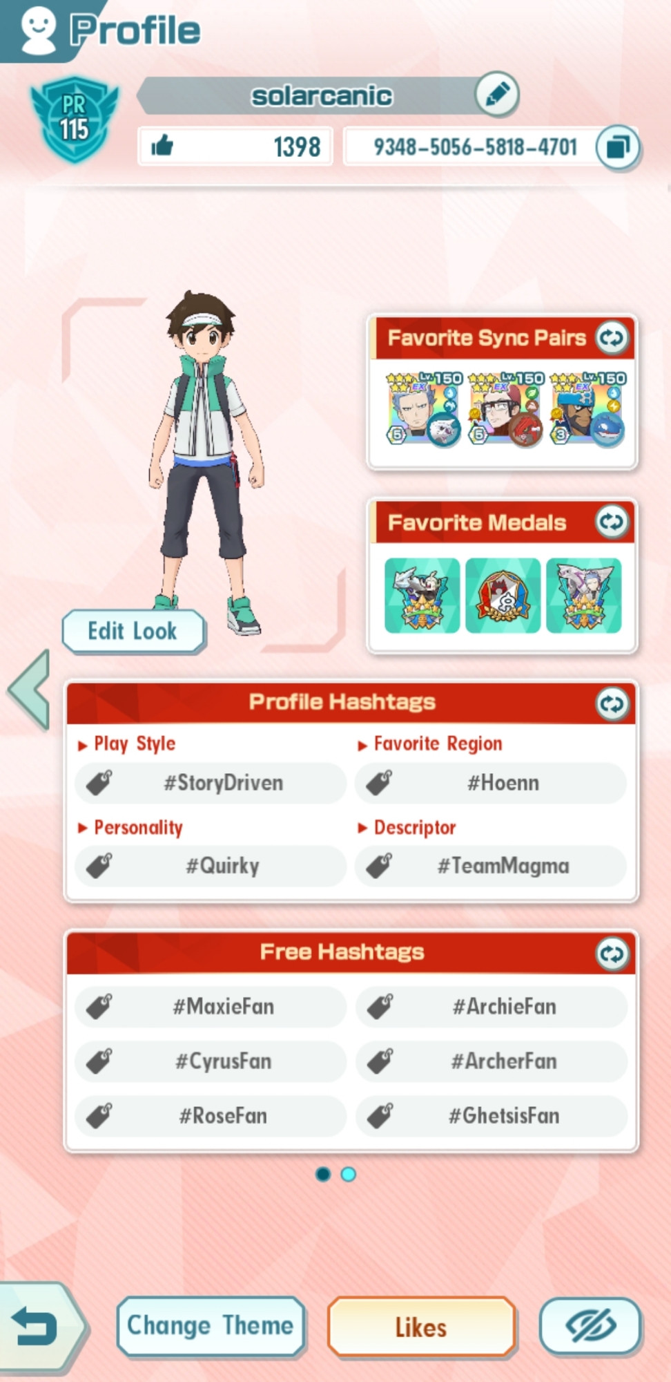 Another screenshot of Pokémon Masters EX. It's the second page of my profile. The sync pairs set as favorites are Cyrus, Maxie, and Archie. The profile hashtags are: story-driven, Hoenn, Quirky, Team Magma, Maxie Fan, Archie Fan, Cyrus Fan, Archer Fan, Rose Fan, and Ghetsis Fan.