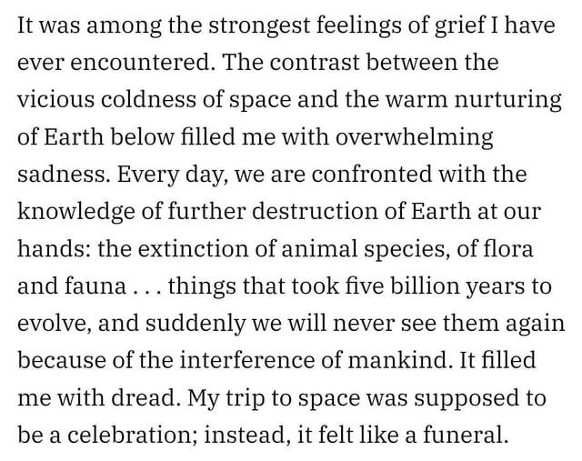 William Shatner comments after returning to Earth from near orbit, comparing his emotions on seeing the Earth as grief, like a funeral.