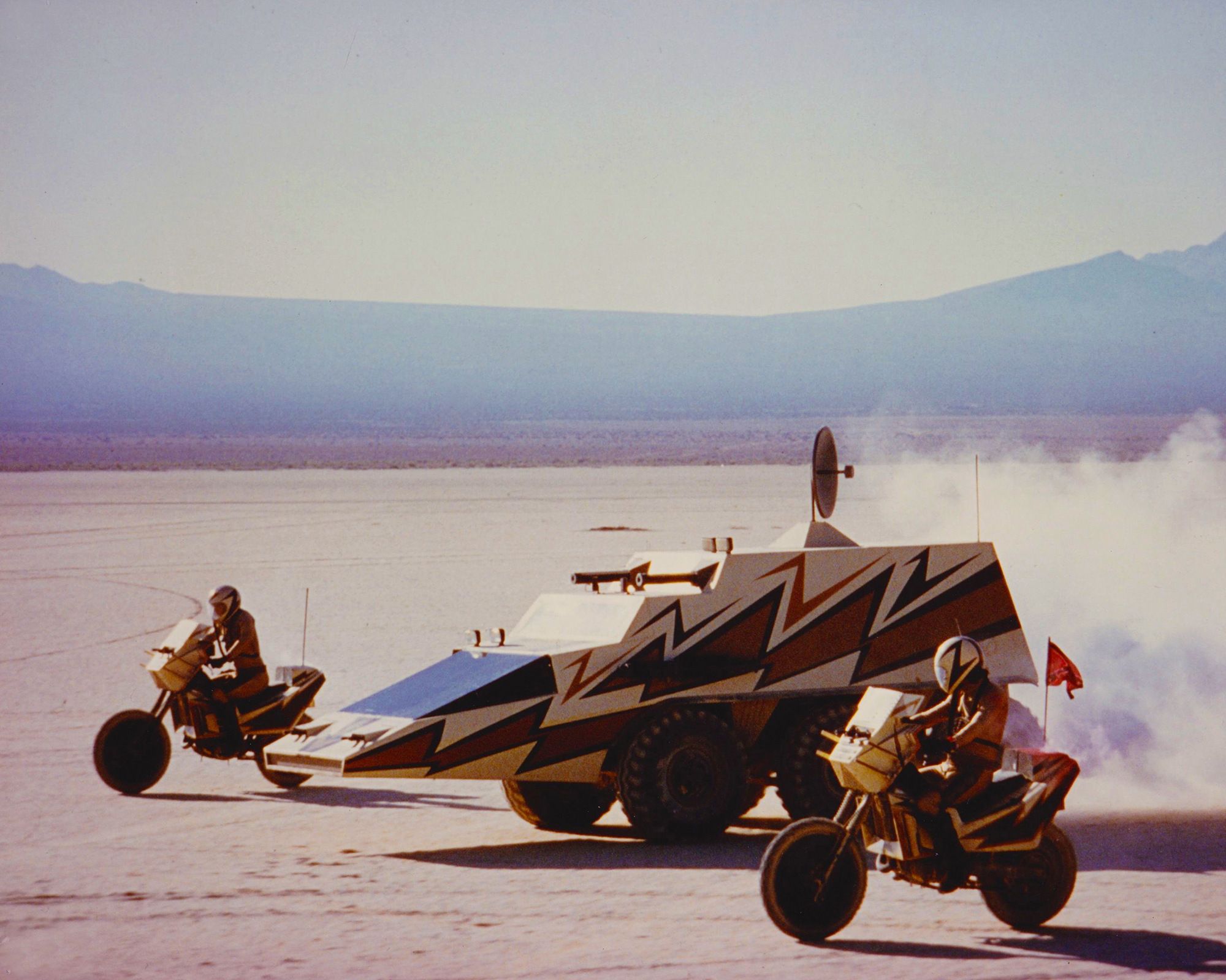 a still from the movie Megaforce showing a hilarious pointy combat vehicle