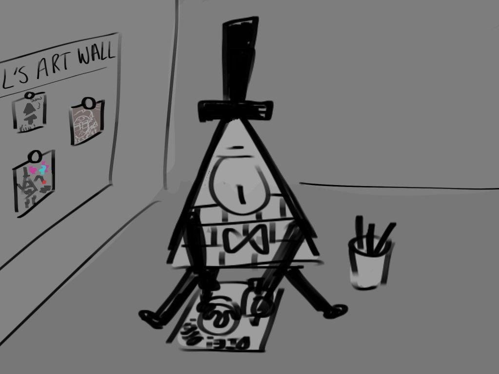 Bill is sitting down in the theraprism’s art therapy room (supposedly) and colouring in a drawing he made. Yet this drawing seems quite disturbing.. The Earth is on fire? 

Next to Bill we see a wall full of all of Bill’s art.. which all seem to be full of destruction and death, especially to the pines

A little easter egg: one of the drawings is of Bill kissing Ford on the cheek!