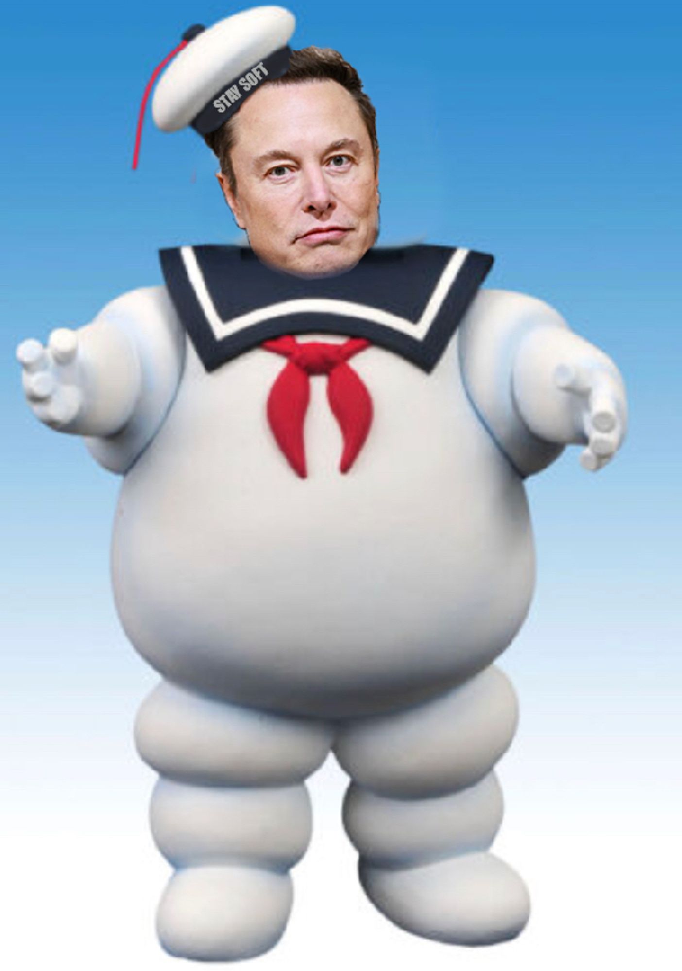 Elon shown with the body of the Stay Puft Marshmallow Man, as in Ghostbusters movie