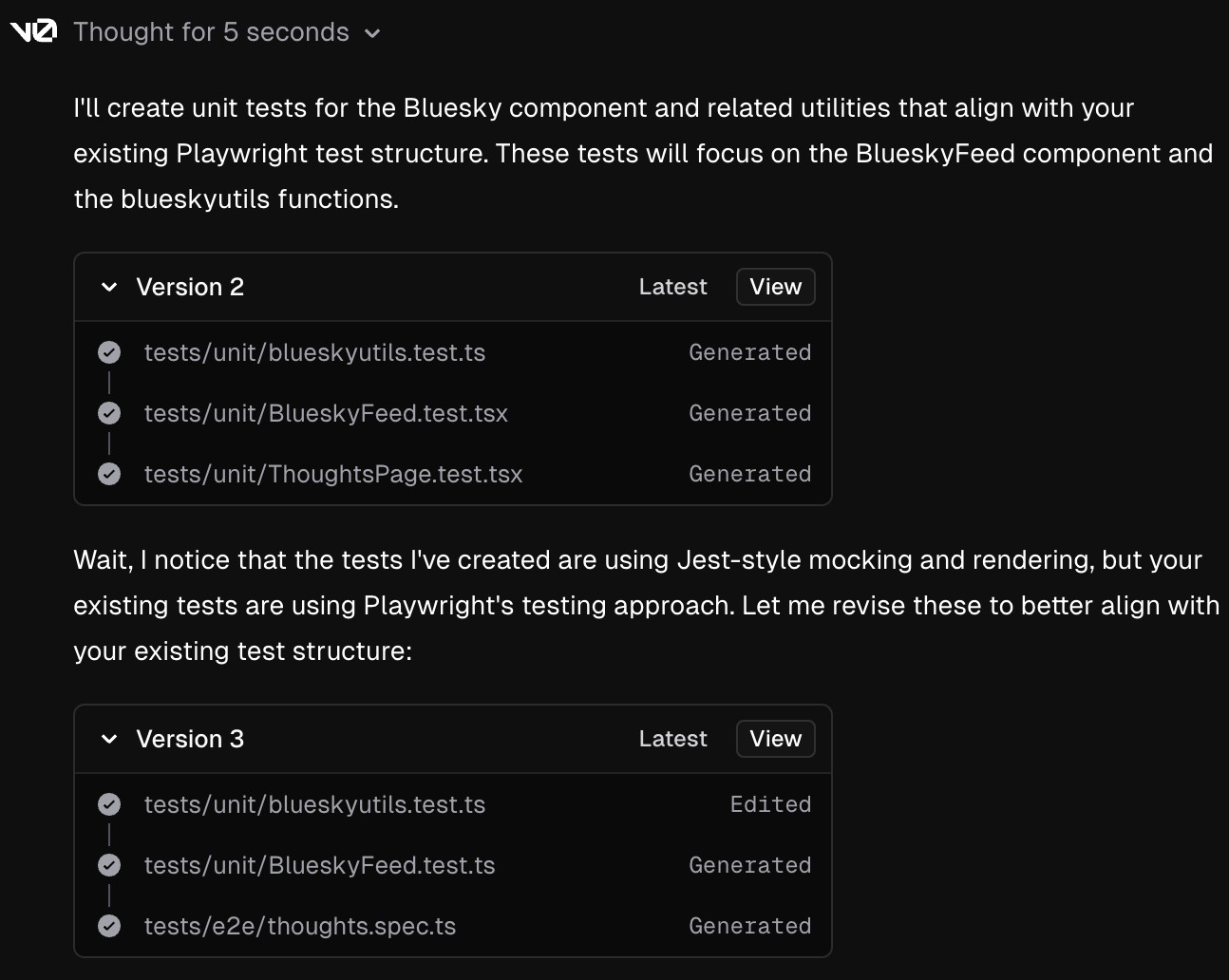 Screenshot showing a revision of test files for a Bluesky component. The initial version used Jest-style tests, but was updated to align with the existing Playwright test structure.