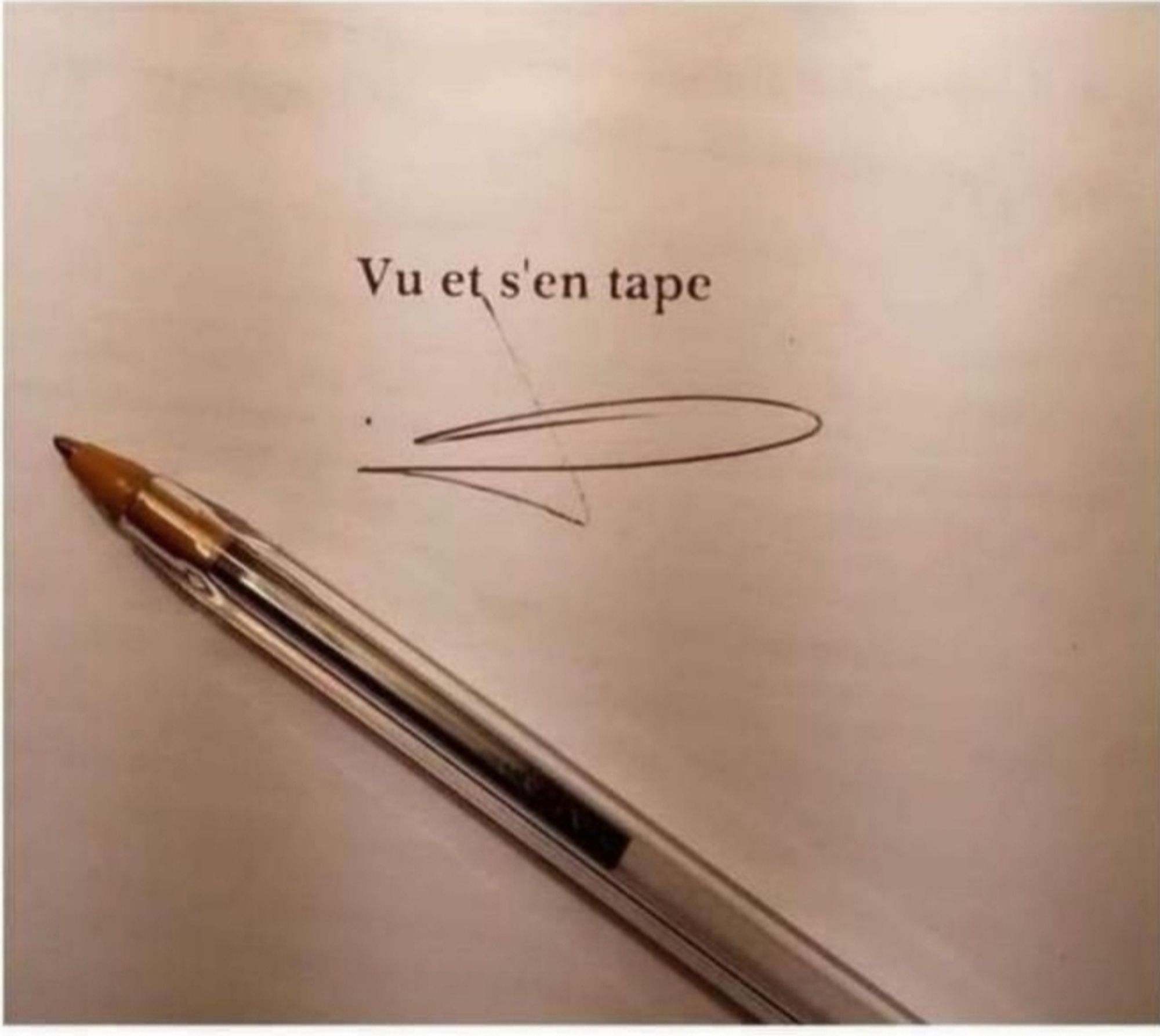 Photo d'un feuille de papier sur laquelle est inscrite "vu et s'en tape", suivi d'une signature. Le stylo bille ayant servi à signer se trouve toujours sur la feuille.