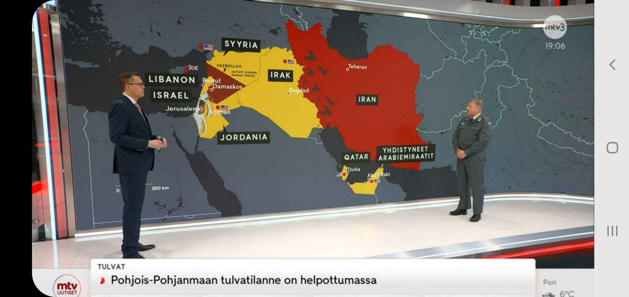 Israel-Iran -konflikti.
Alateksti: Pohjois-Pohjanmaan tulvatilanne helpottumassa.
Pori 6°C