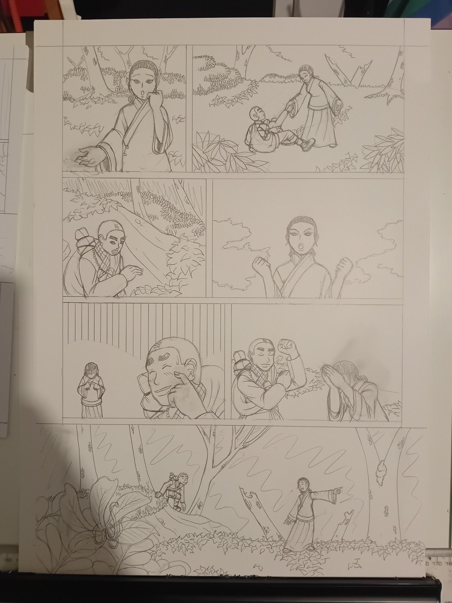 A page of comic pencils. A monk and a young woman travel through the forest together.