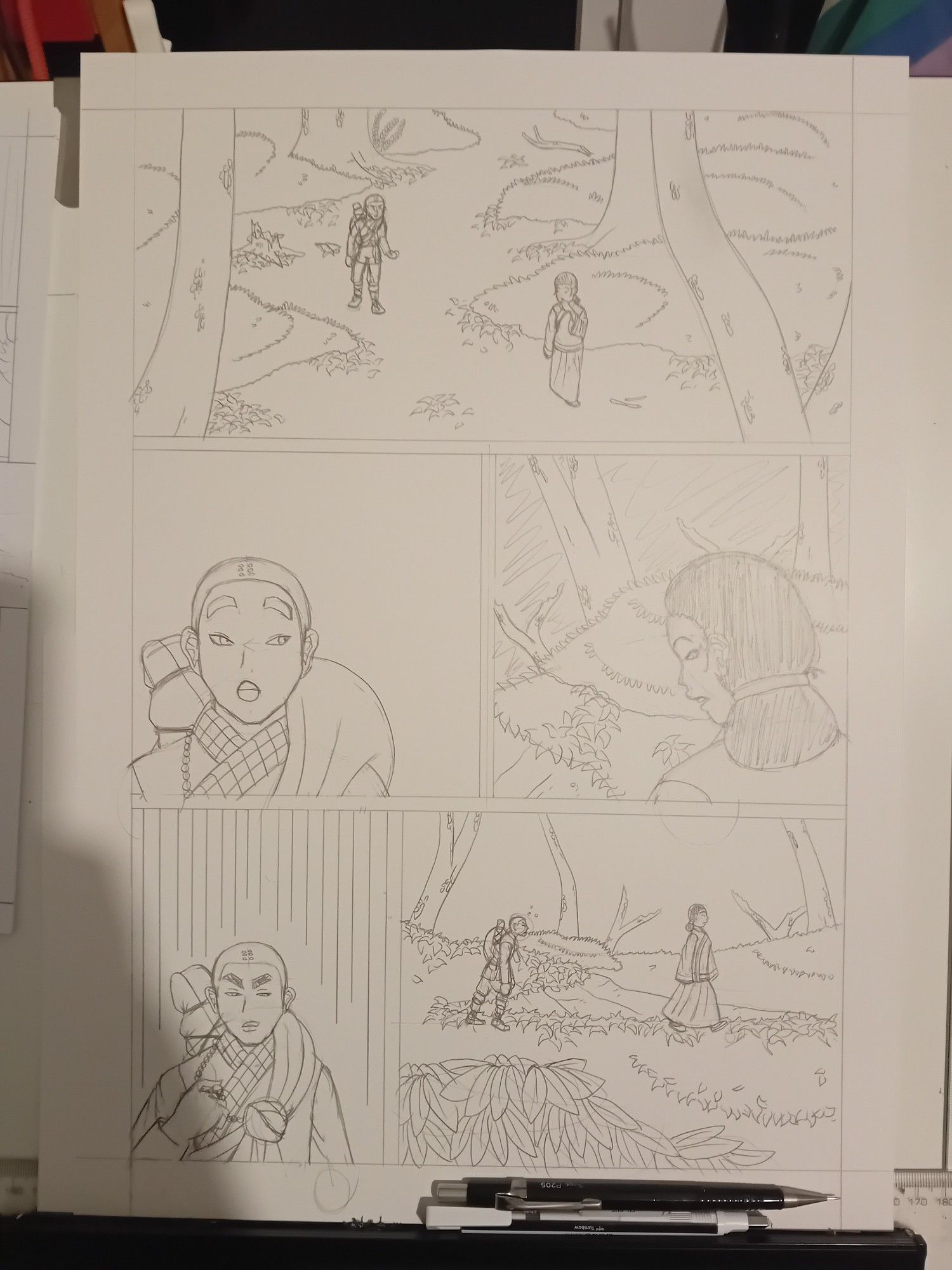 A page of comic pencils. A monk looks skeptically at the young woman he is travelling through the forest with.