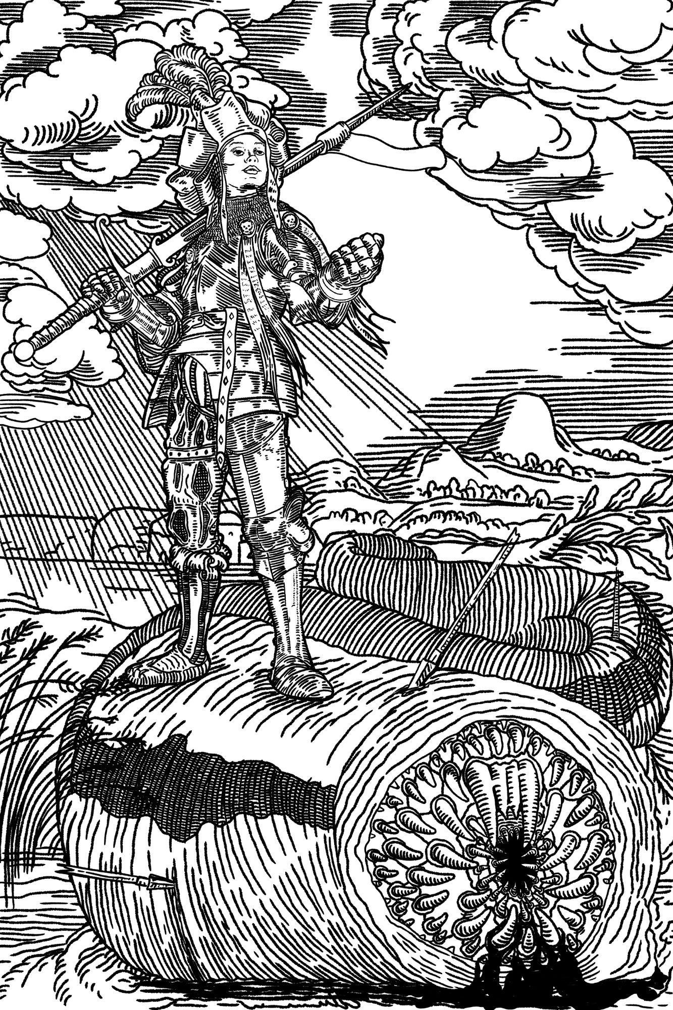 A landsknecht woman soldier standing triumphantly atop the corpse of a giant, dead leech.