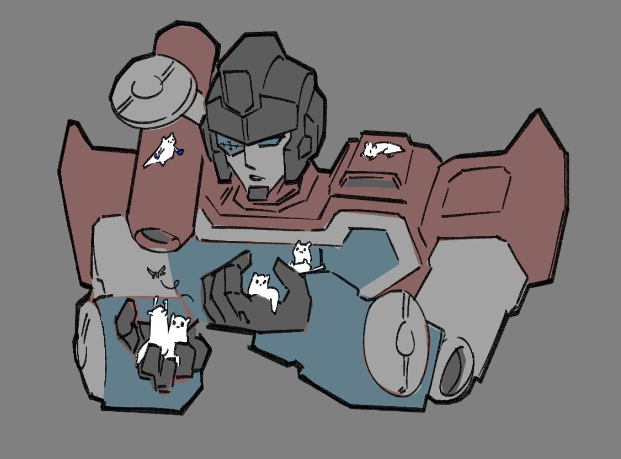 A simple lined illustration of Perceptor from Transformers holding a few Slugcats. They're unbothered by his observation, and are comfortable enough to climb all over him.