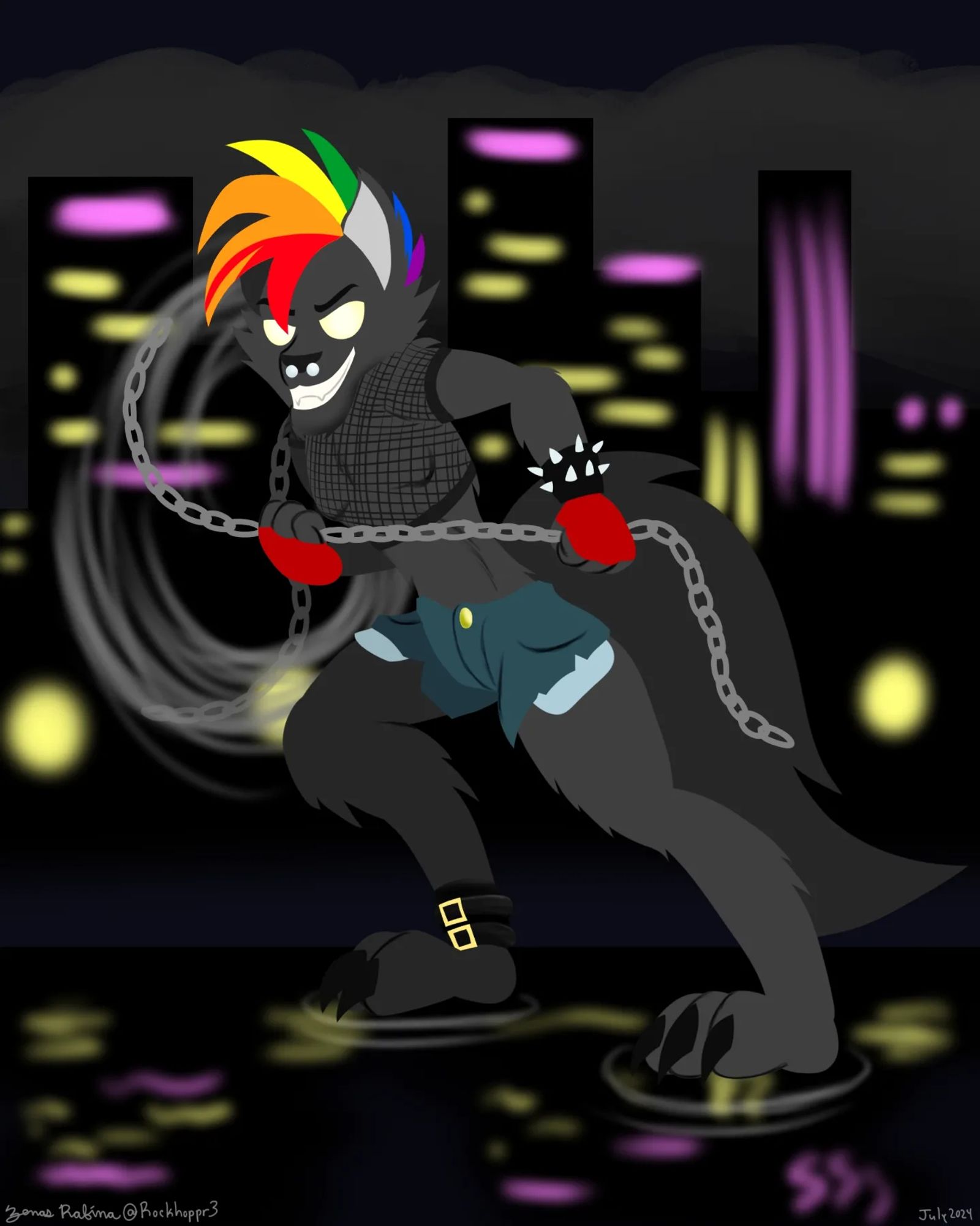 A wo'nari, or anthro wolf, with rainbow hair dressed in torn denim shorts and a fishnet top, weilding a chain as a whip set against a rainy city bg.