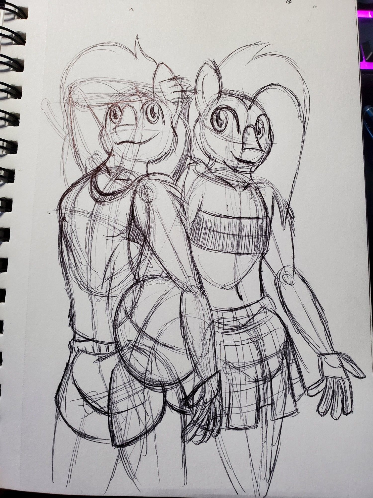 Sketch of two anthro ponies, the mare wearing a tank top and gym shorts, the Stallion wearing a skirt and bandeau top