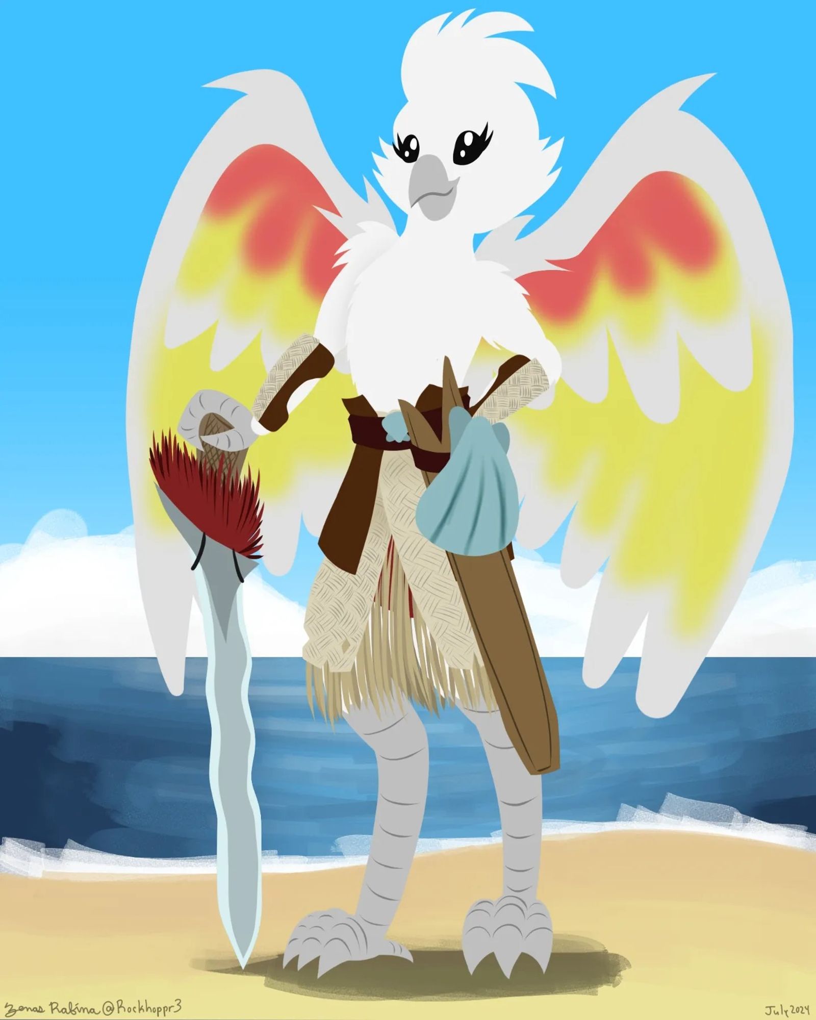 An aarakocra, or a bird folk, of white plumage with red and yellow feathers, wearing woven fabric armor over a grass skirt, weilding kris short sword and a seashell as a buckler.  Standing on a beach.