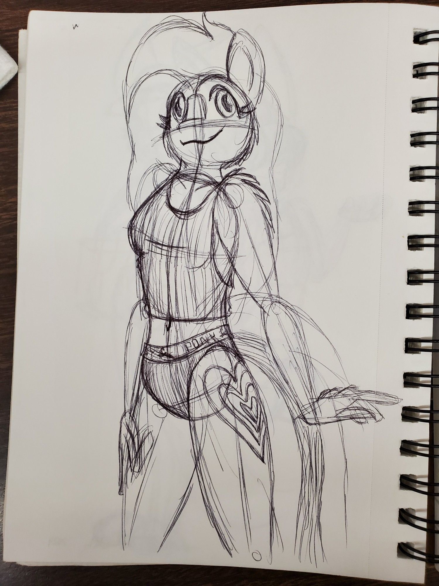 Sketch of an anthro pony mare, wearing a tank top and panties