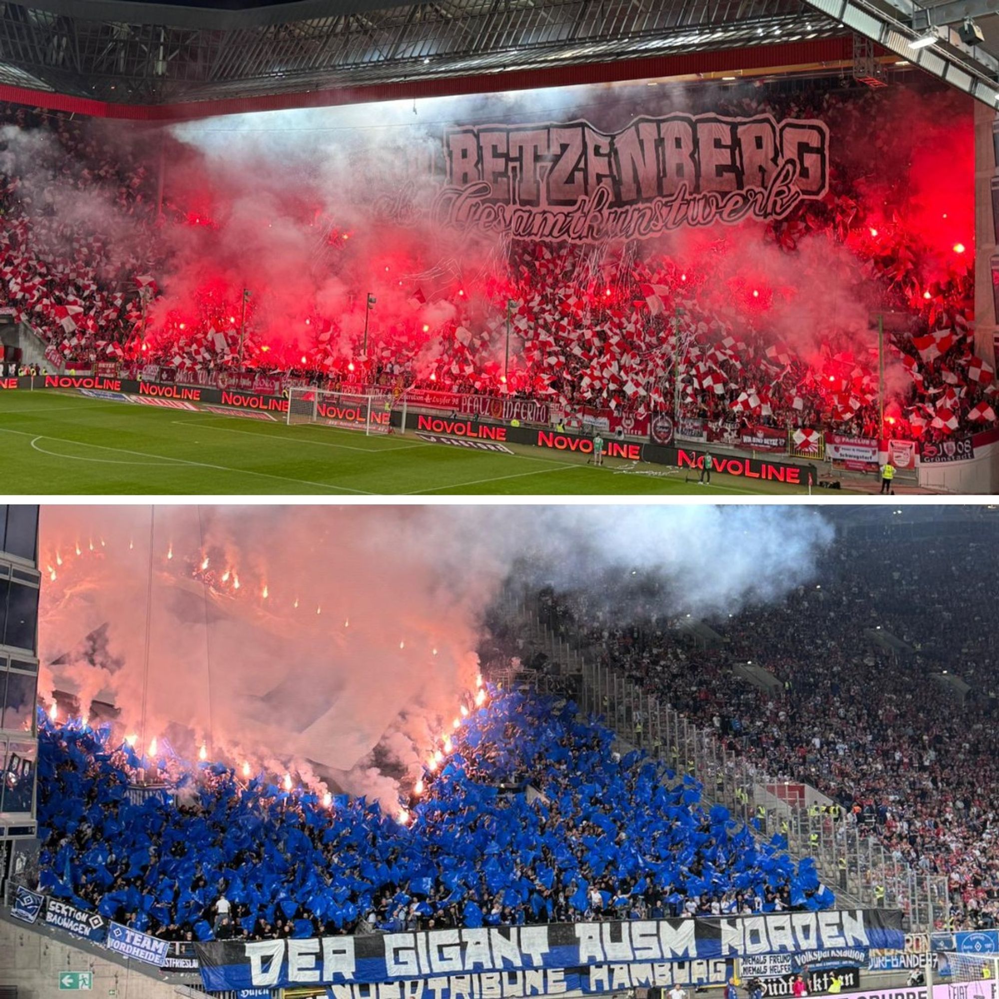 Choreografien und Pyroshows der FCK- und HSV-Fans auf dem Betzenberg.