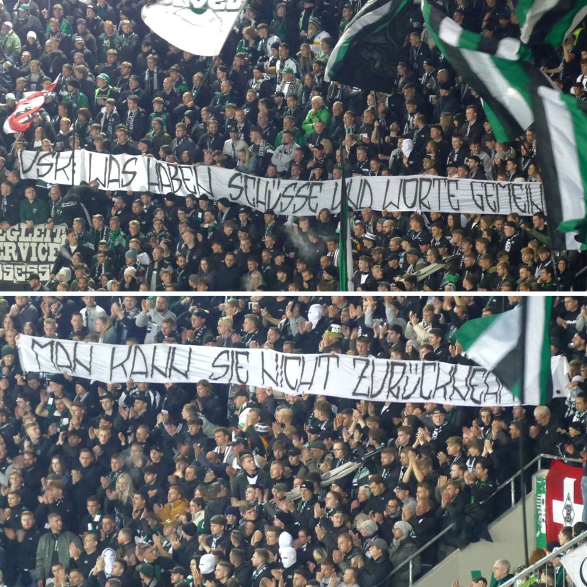 "USK: Was haben Schüsse und Worte gemeinsam? Man kann sie nicht zurücknehmen"-Spruchband von Ultras von Borussia Mönchengladbach.