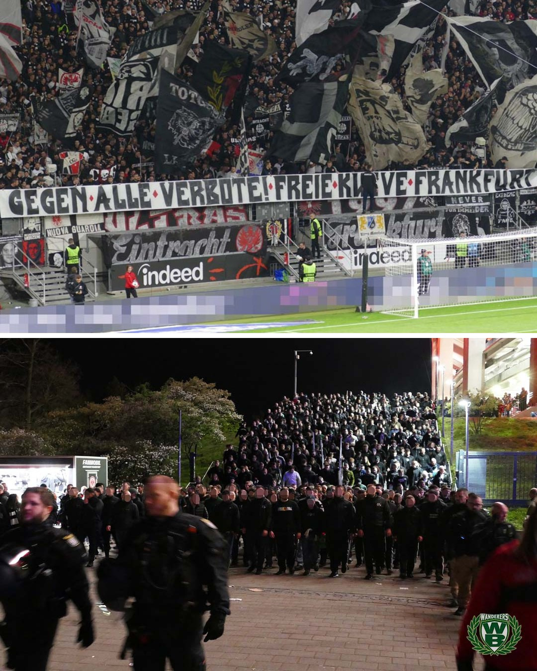 Oben: "Gegen alle Verbote! Freie Kurve Frankfurt"-Spruchband in der Nordwestkurve. Unten: Ultras von Werder Bremen beim Abmarsch aus dem Waldstadion.