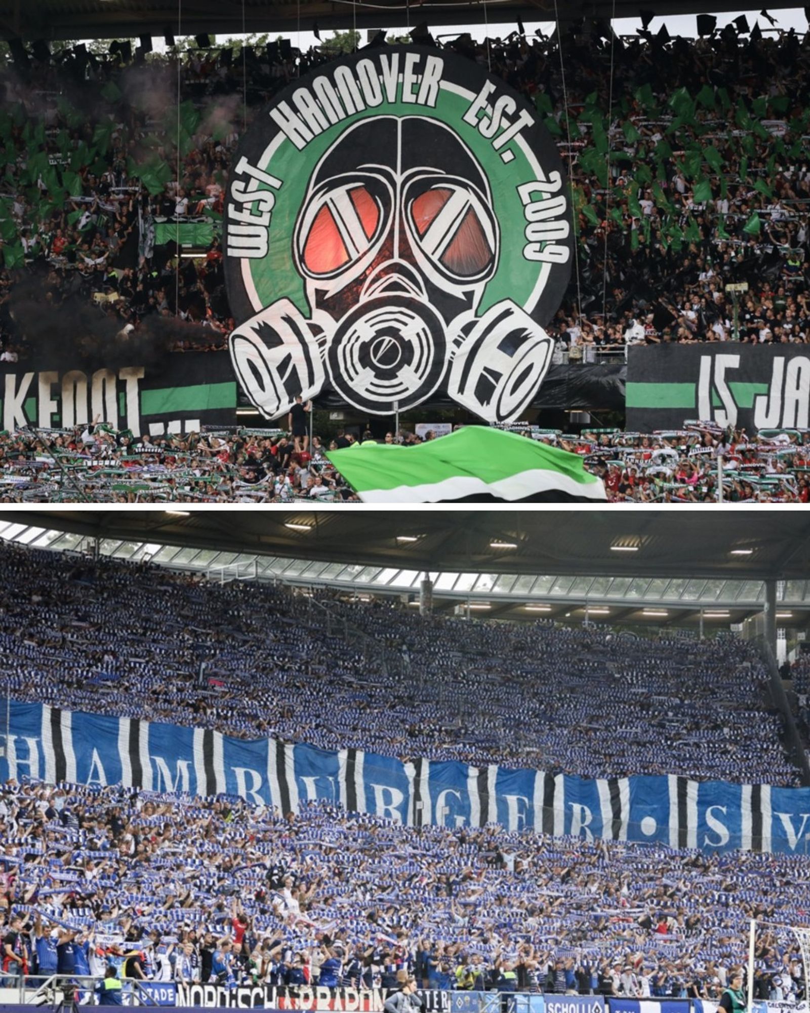 Oben: Choreografie zu 15 Jahren West Hannover. Unten: Schalparade mit Balkenschals der HSV-Fans.