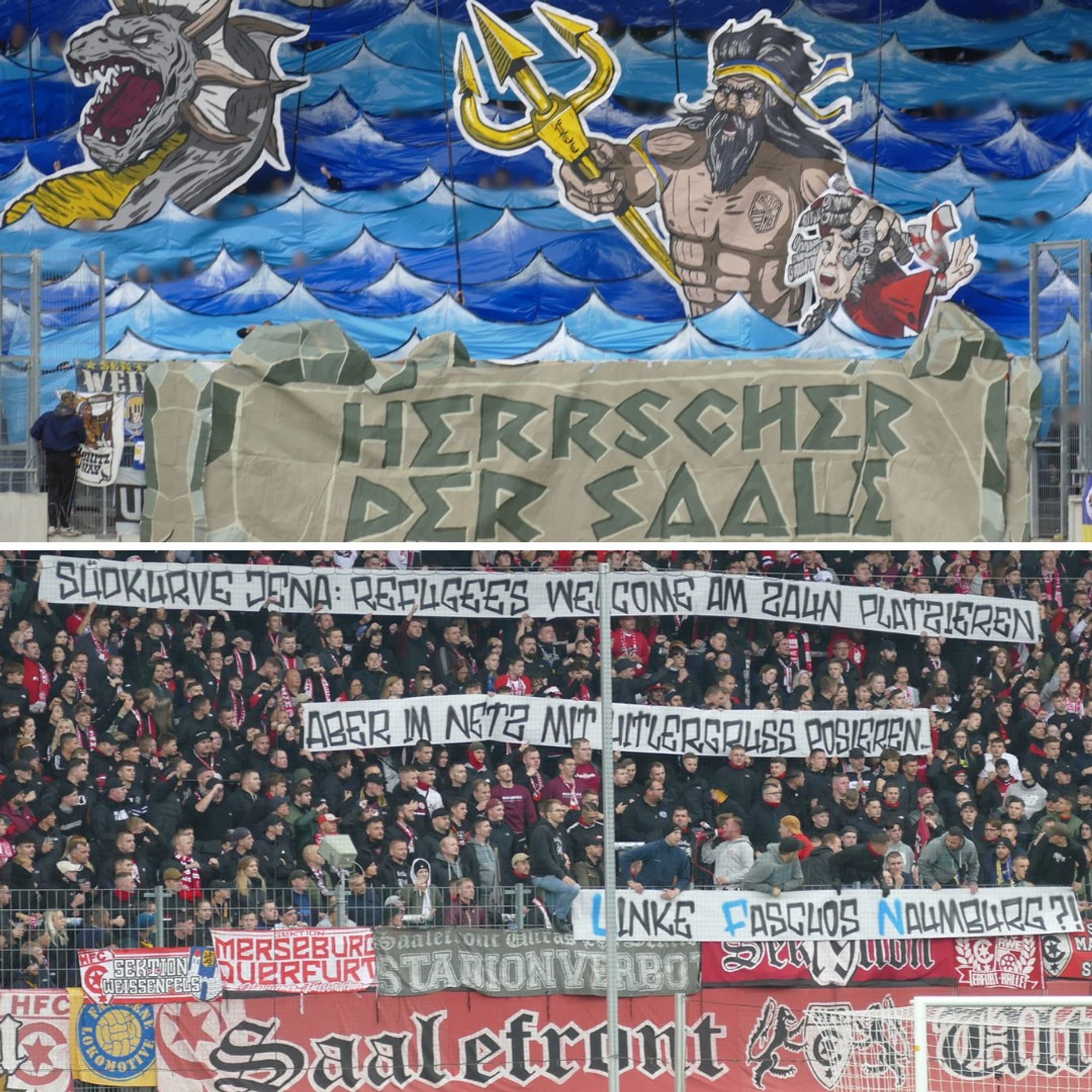 Oben: Choreografie der FCC-Ultras. Unten: Spruchband der HFC-Ultras in Richtung Südkurve Jena.