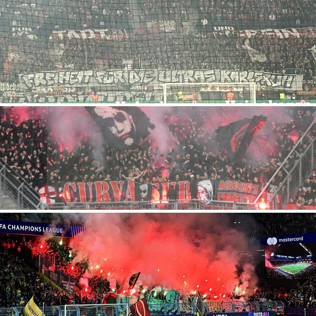 Spruchband in Nordkurve Leverkusen, Pyroshow der AC Milan und Celtiv FC-Ultras.