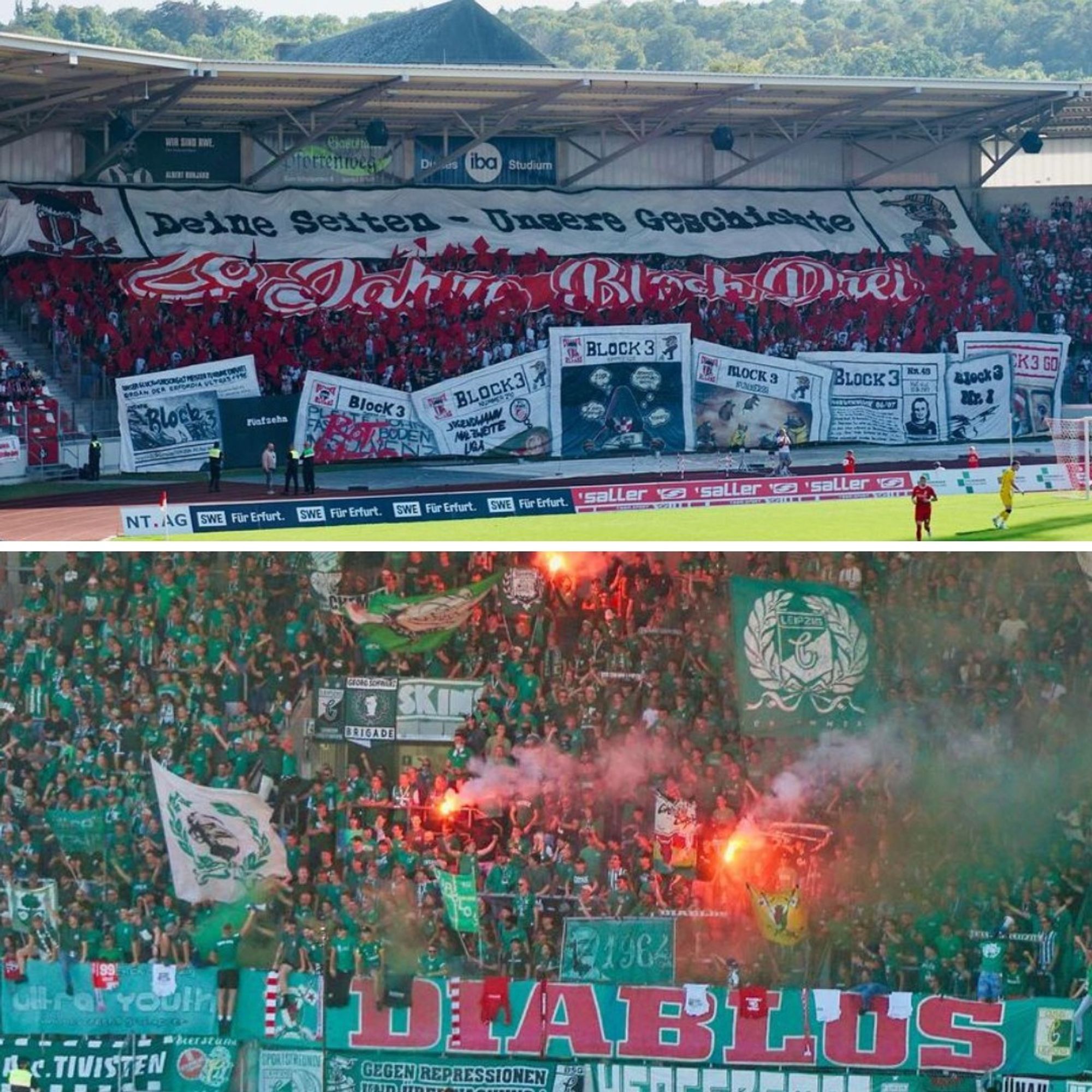 Oben: Choreografie der RWE-Fans. Unten: Pyro und geklaute Fanartikel mit Bereich der Chemie Leipzig-Fans.