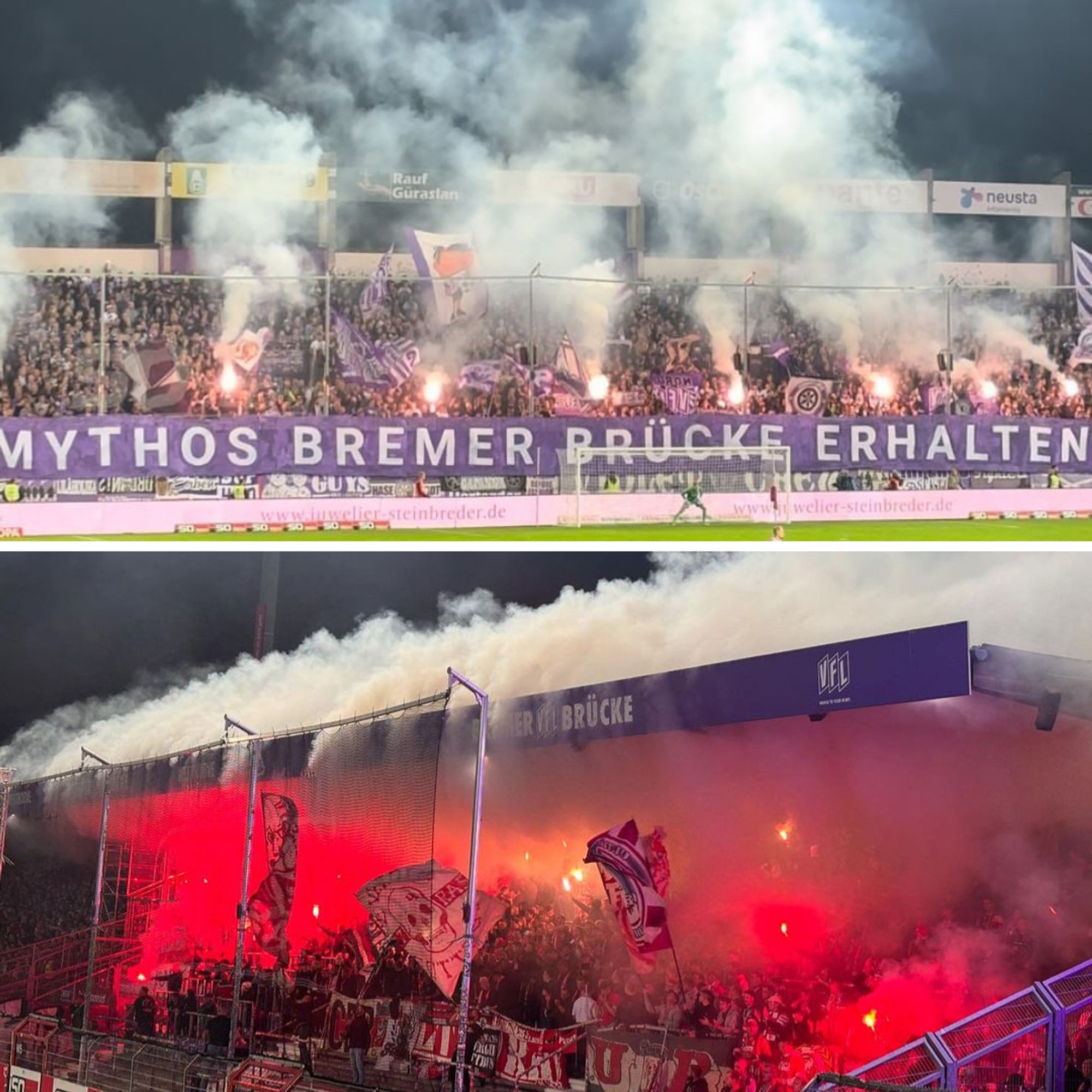 Oben: Pyroshow der VfL Osnabrück-Fans. Unten: Pyroshow der FC Energie Cottbus-Fans.