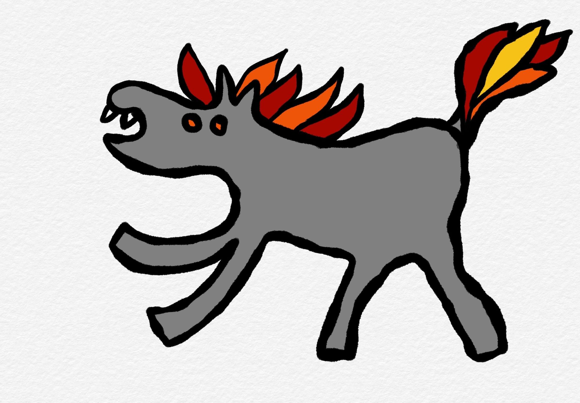 Wildes Pony mit spitzen Zähnen, Feuermähne und Feuerschweif. Schnelle digitale Zeichnung.