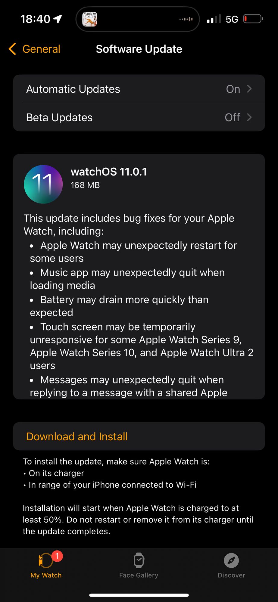 Screenshot of the iOS Watch app “Software Update” section showing watchOS 11.0.1 as available. 

These are the release notes:

This update includes bug fixes for your Apple Watch, including:
• Apple Watch may unexpectedly restart for some users
• Music app may unexpectedly quit when loading media
• Battery may drain more quickly than expected
• Touch screen may be temporarily unresponsive for some Apple Watch Series 9, Apple Watch Series 10, and Apple Watch Ultra 2 users
• Messages may unexpectedly quit when replying to a message with a shared Apple
[truncated]
- - -
Capture d’écran de la section « Mise à jour logicielle » de l’app Watch montrant que watchOS 11.0.1 est disponible.

Les notes de mises à jour sont en anglais. Voici une traduction automatisée:

Cette mise à jour inclut des corrections de bogues pour votre Apple Watch, notamment :
- L'Apple Watch peut redémarrer de manière inattendue pour certains utilisateurs.
- L'application Musique peut s'interrompre inopinément lors du chargement des fichiers multimédias.
- La batterie peut se décharger plus rapidement que prévu
- L'écran tactile peut temporairement ne plus répondre pour certains utilisateurs d'Apple Watch Series 9, Apple Watch Series 10 et Apple Watch Ultra 2.
- Messages peut s'interrompre inopinément lorsque vous répondez à un message avec une Apple partagée.
[tronqué]