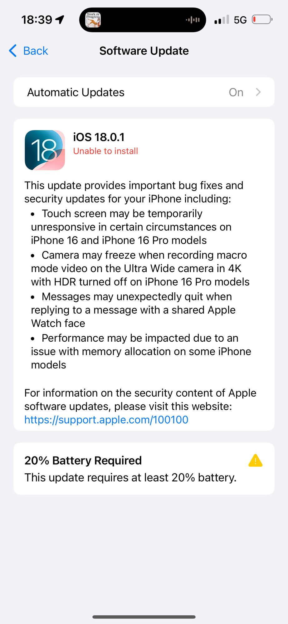 Screenshot of the iOS Settings app “Software Update” section showing iOS 18.0.1 as available. 

These are the release notes:

This update provides important bug fixes and security updates for your iPhone including:
• Touch screen may be temporarily unresponsive in certain circumstances on iPhone 16 and iPhone 16 Pro models
• Camera may freeze when recording macro mode video on the Ultra Wide camera in 4K with HDR turned off on iPhone 16 Pro models
• Messages may unexpectedly quit when replying to a message with a shared Apple Watch face
• Performance may be impacted due to an issue with memory allocation on some iPhone models

For information on the security content of Apple software updates, please visit this website: https://support.apple.com/100100
- - -
Capture d’écran de la section « Mise à jour logicielle » de l’app Réglages d’iOS qui montre qu’iOS 18.0.1 est disponible.

Les notes de mises à jour sont en anglais.