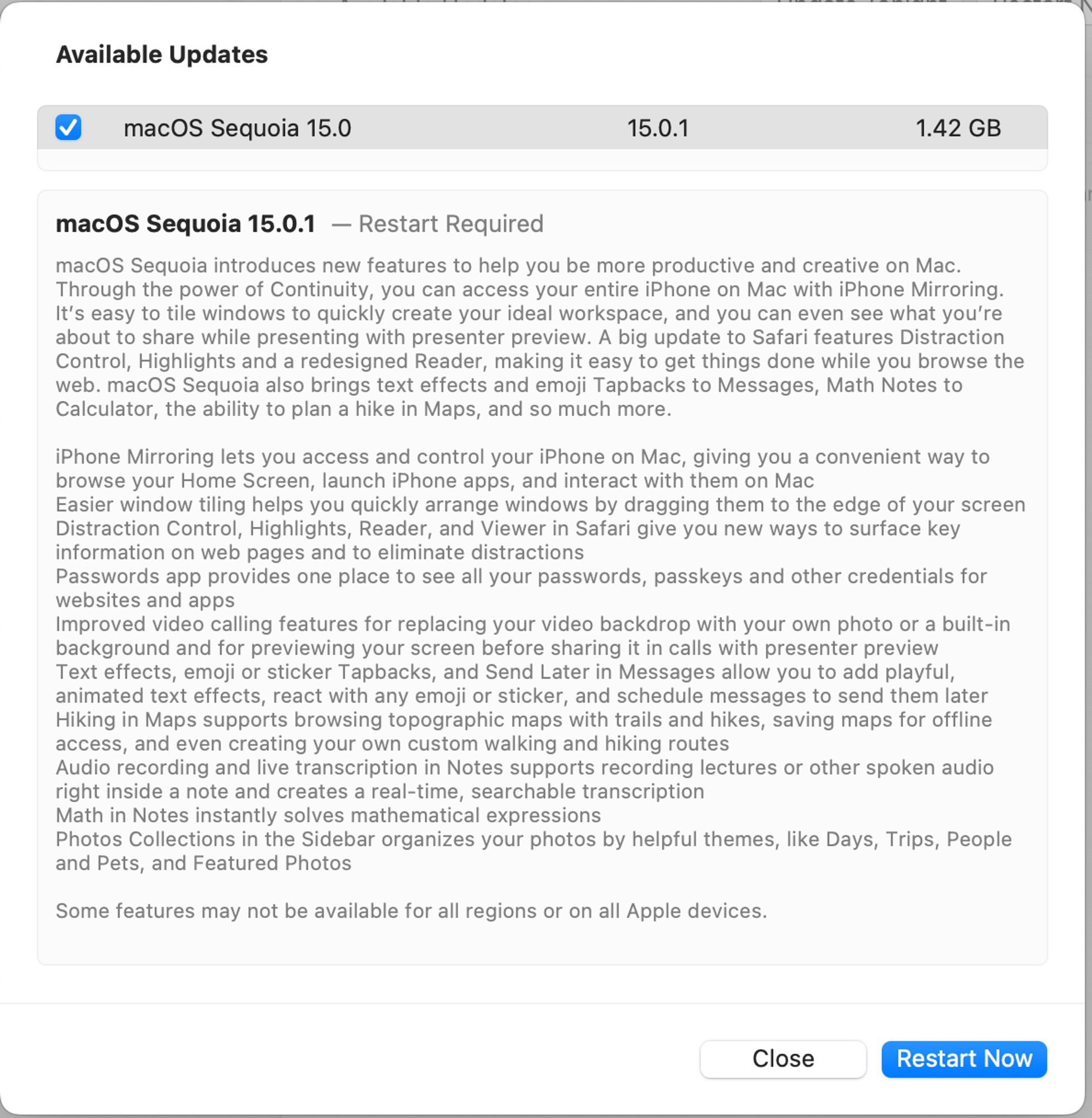 Screenshot of the macOS Settings app “Software Update” section showing macOS Sequoia 15.0.1 as available. 

The release notes are for the original macOS Sequoia 15.0.0 release.
- - -
Capture d’écran de la section « Mise à jour logicielle » de l’app Réglages de macOS montrant que macOS 15.0.1 est disponible.

Les notes de mises à jour en anglais sont pour la version initiale de macOS Sequoia 15.0.0.