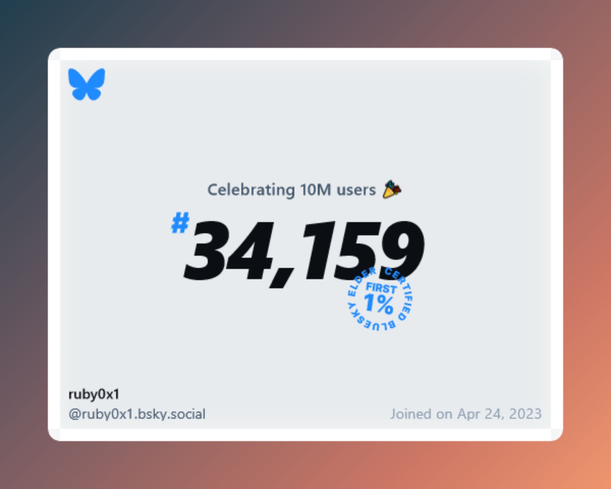 A virtual certificate with text "Celebrating 10M users on Bluesky, #34,159, ruby0x1 ‪@ruby0x1.bsky.social‬, joined on Apr 24, 2023"