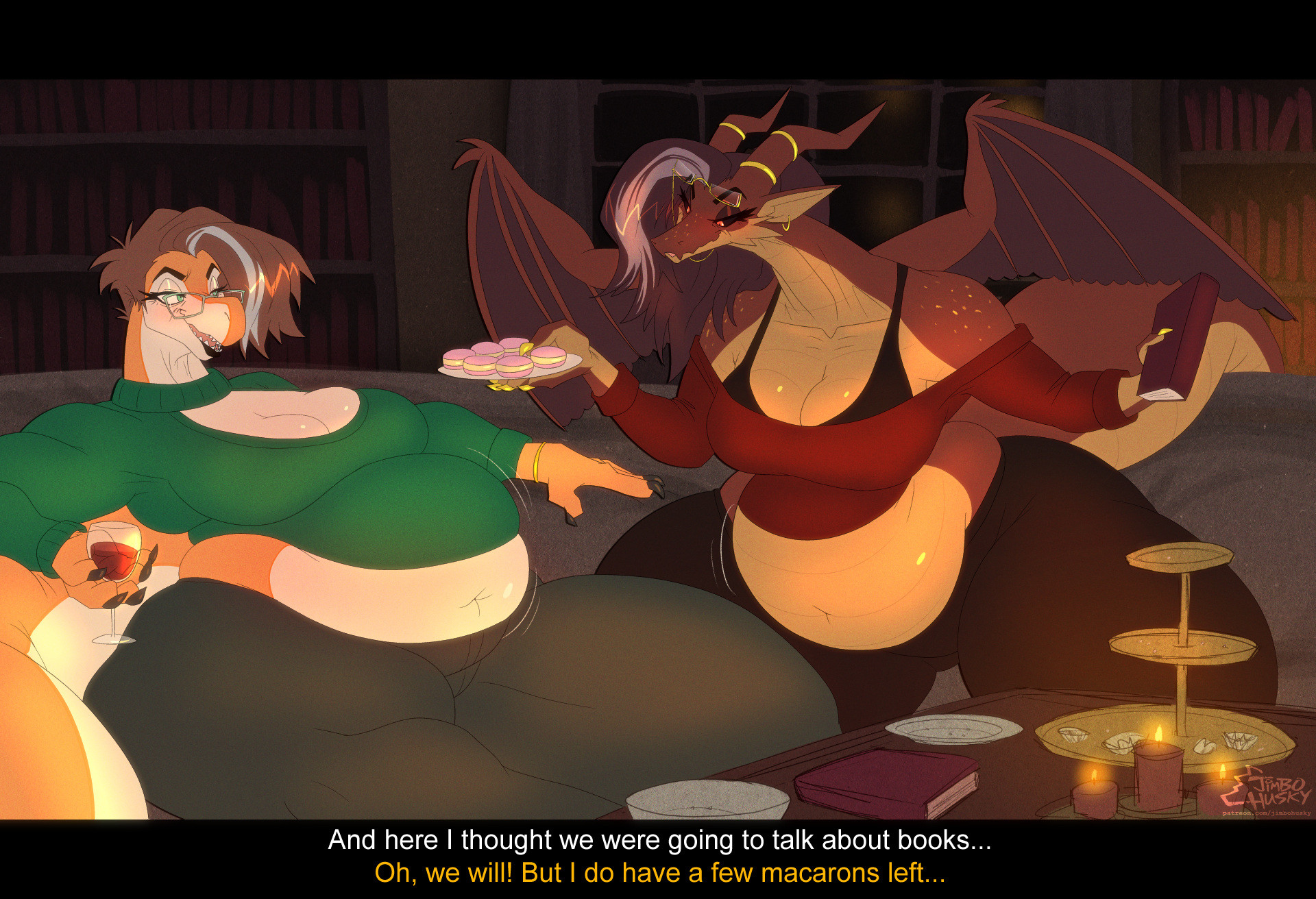 Two mature scalies lounging in a candle-lit room surrounded by books. A t-rex with silver streaks in her hair, gold framed glasses, a green keyhole sweater rolled up over a very full belly bulging out of gray leggings leans back with a glass of wine. A dragon with a red off the shoulder crop top bunched up over her belly and spilling over black leggings leans in offering her a plate of macrons. On the table in front of them, a snack tray is empty. Caption: "And here I thought we were going to talk about books..." "Oh, we will! But I do have a few macarons left..."