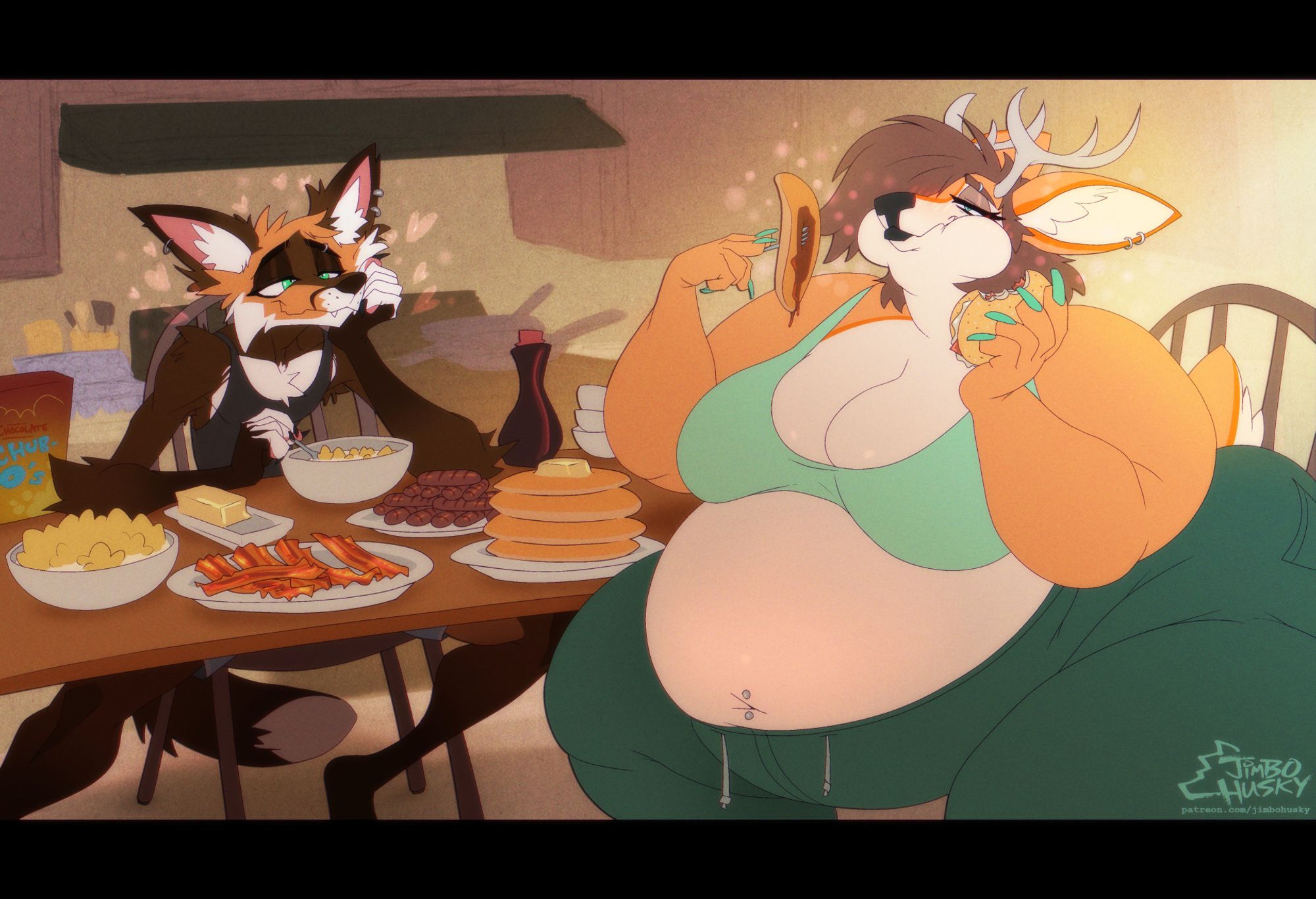 A skinny fox gazes lovingly at a fat femme deer across the table from him, who is enraptured in a feast of breakfast food, belly starting to hang between their legs with plenty more food still on the table. In the background, morning light streams into the kitchen, and pans, skillets, and empty egg cartons sit on the counter from the work the fox did to prepare a big breakfast.