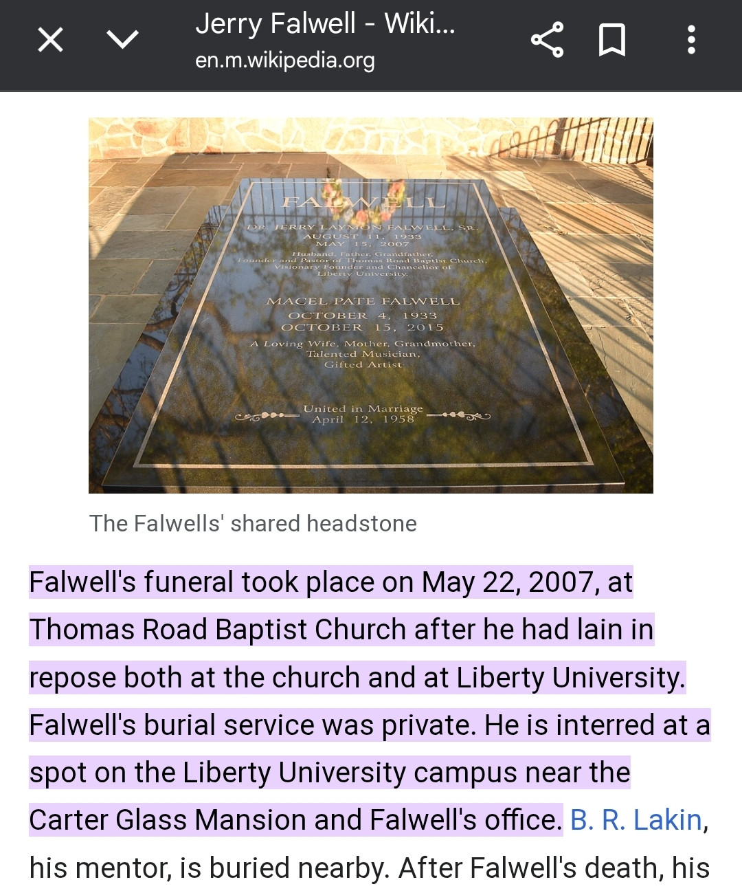 The location of the grave of Jerry Falwell Sr, sans piss. "He is interred at a spot on the Liberty University campus near the Carter Glass Mansion and Falwell's office."