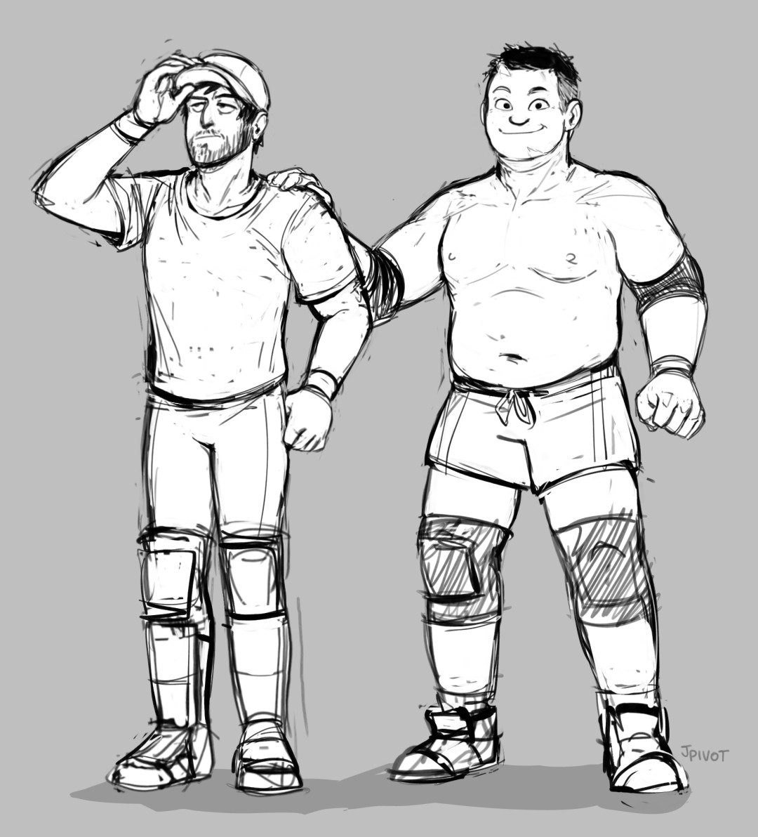 a sketch. basil is in his ring gear (a hat, wrist tape, a t-shirt, some tights, knee pads + shinguards and boots) adjusting his hat and looking somewhat annoyed. taggart is standing next to him, also in his ring gear (shirtless, shorts, kneepads and little wrestling shoes). he has a hand on basil's shoulder. taggart has a big smile and a somewhat crazed look in his eyes