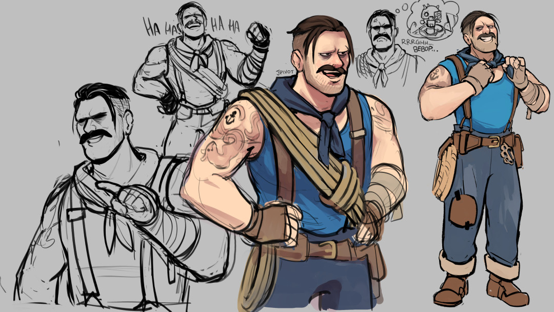 various sketches of lash from the game deadlock. him pointing, flexing and laughing, a colored drawing of him with his hands on his hips, a sketch of him scowling while thinking about bebop, and a colored drawing of him tightening the knot on his scarf