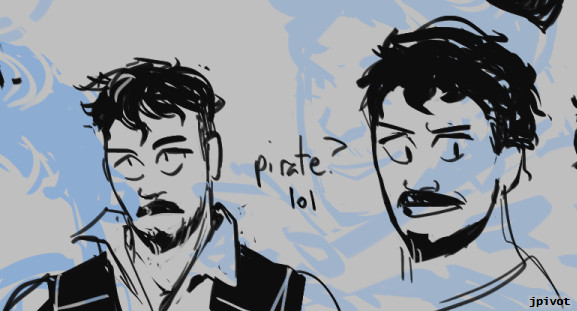 a black and white sketch of a guy with a "wavy french cut" haircut and a mustache and a pointy chin beard. he has some sort of white collared shirt and a vest that makes him look a lil bit like an old timey pirate lol? another drawing has him grimacing