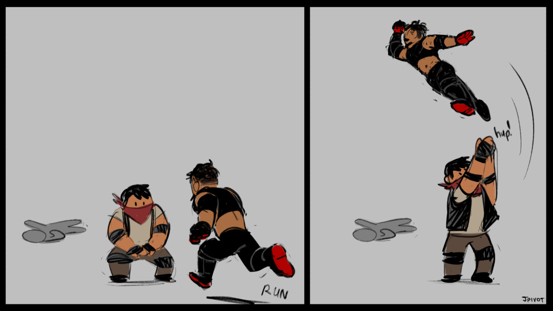 a comic. in the background a nondescript figure is lying on their back. bandit bandit is crouched down with his hands together ready to vault salazar into the air as sal is running towards him. the next panel salazar is in midair, getting into position to do some sort of diving elbow drop to the nondescript figure