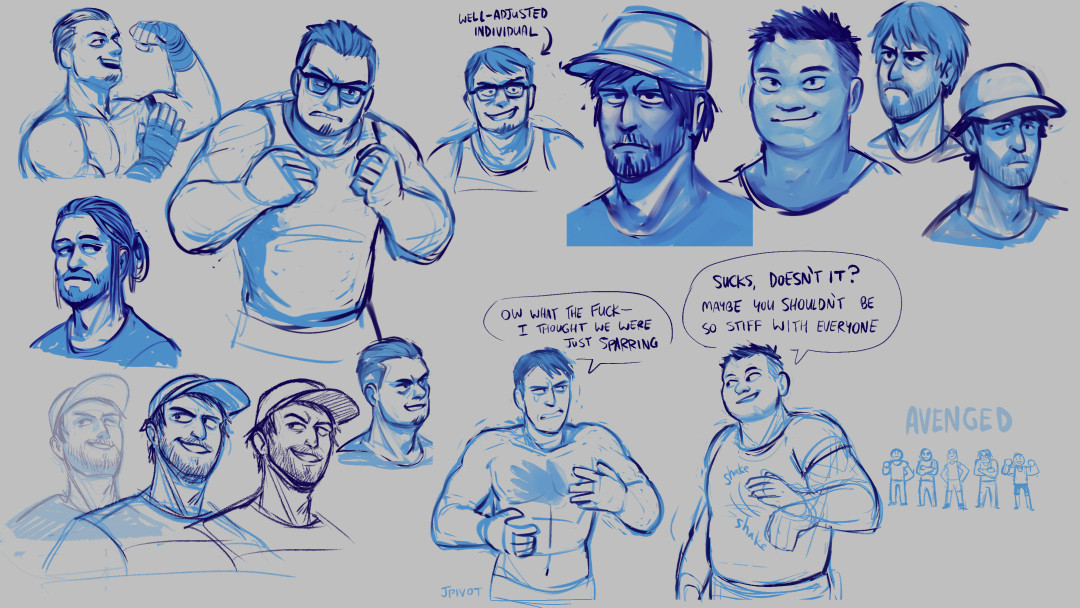 miscellaneous sketches in blue of chip, samson, basil, and taggart. there is a comic where younger basil is wincing with a palm-shaped mark on his chest saying "ow what the fuck, i thought we were just sparring" while taggart is shaking off his hand saying "sucks, doesn't it? maybe you shouldnt be so stiff with everyone." in the background, a crowd of 5 people have been avenged