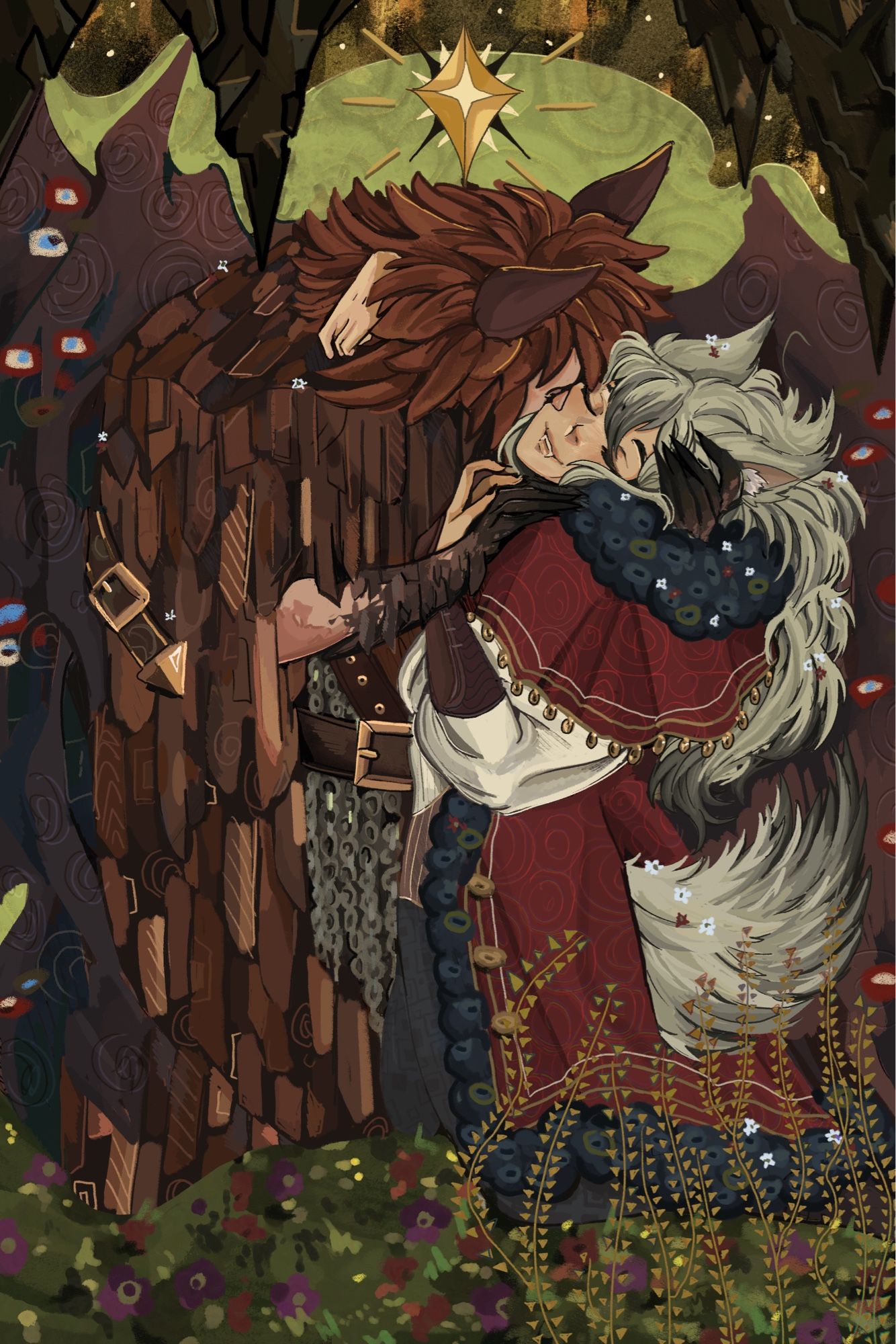 Rendition of “The Kiss” painting by Gustav Klimt, with two original characters, a vampire with bat-like features kissing the cheek of a werewolf in a luxurious cloak.