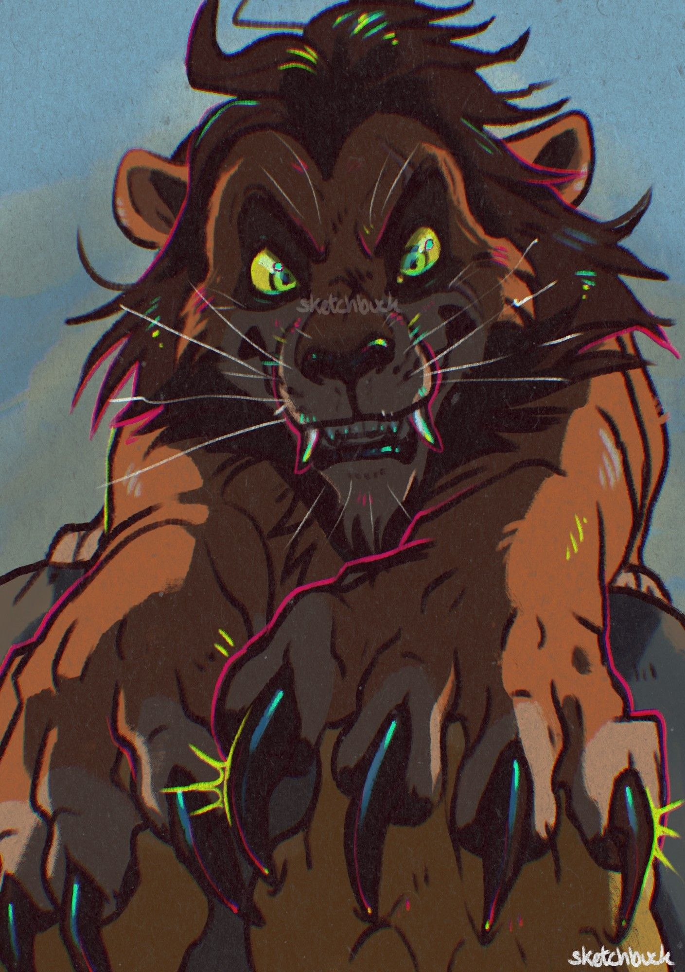 Scar, a dark coloured lion with a scar over his left eye is crouching over a cliff wall, his claws dig into a lighter pair of paws. He has a menacing look.