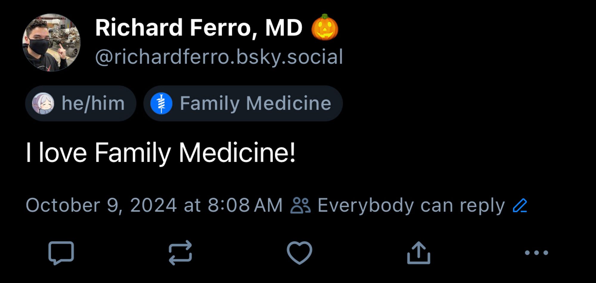 A post from my that says “I love family medicine!” With a label for my pronouns and a NEW label for “Family Medicine” with the new Medical Specialties labeler