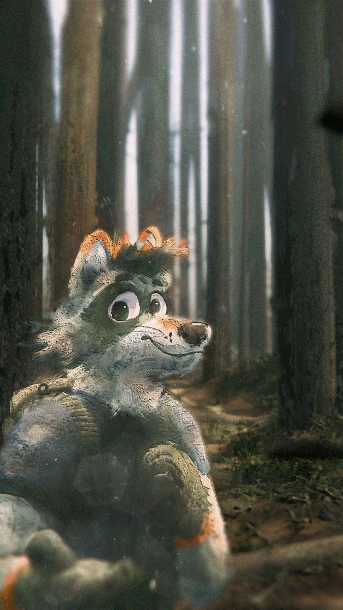 A anthropomorphic raccoon caracter gently smiling and inviting the viewer to join him on a walk in the forest.